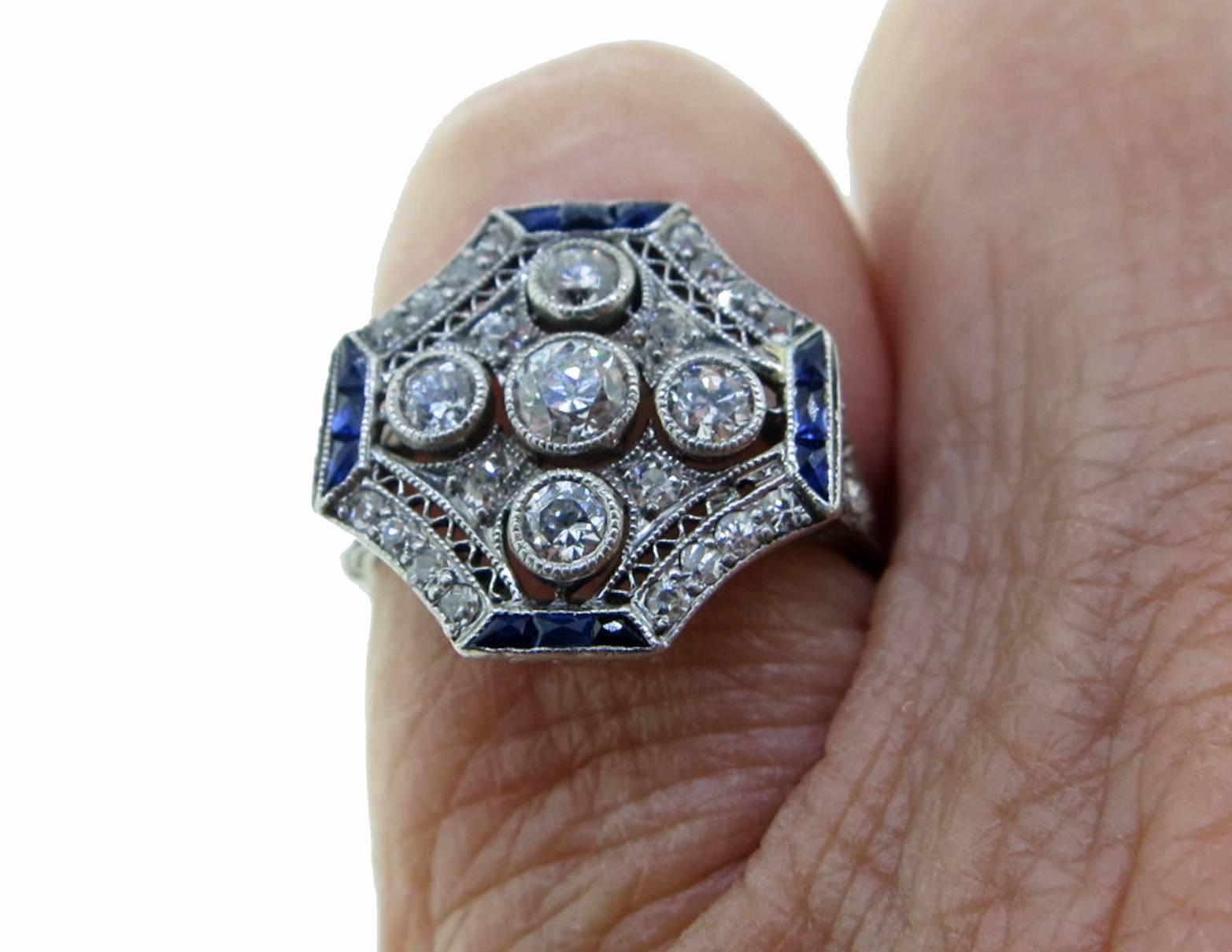 Women's Special Octagonal Art Deco Diamond and Sapphire Ring For Sale