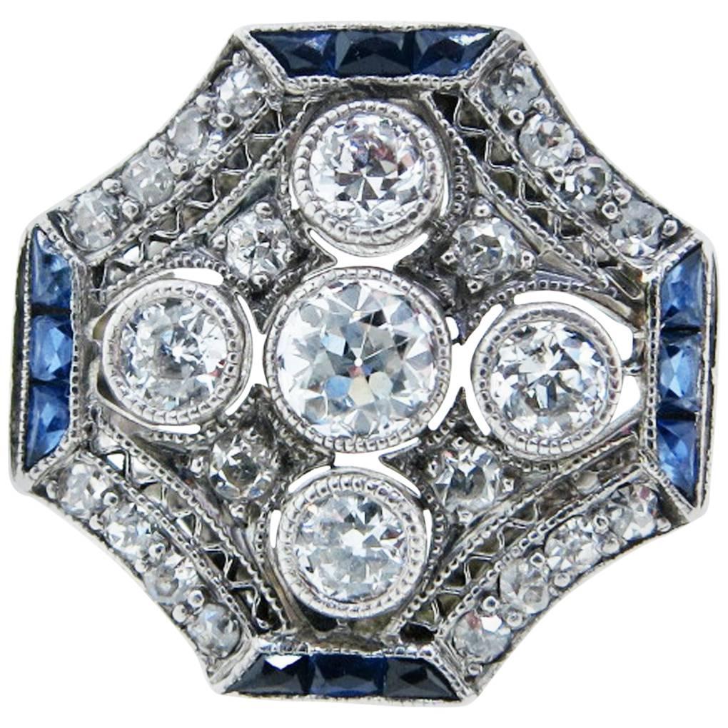 Special Octagonal Art Deco Diamond and Sapphire Ring For Sale