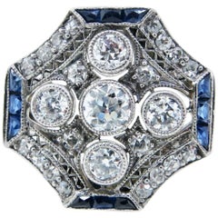 Special Octagonal Art Deco Diamond and Sapphire Ring