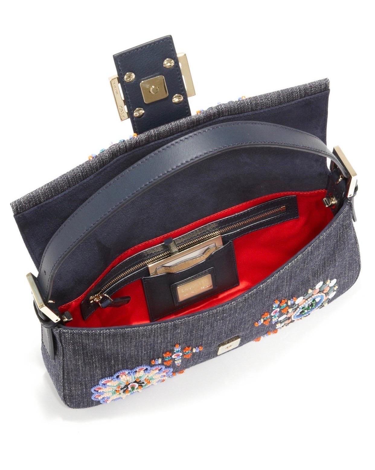 Special Piece - Fendi Embroidered Denim Sequin Baguette Handbag Flap Bag Clutch 1