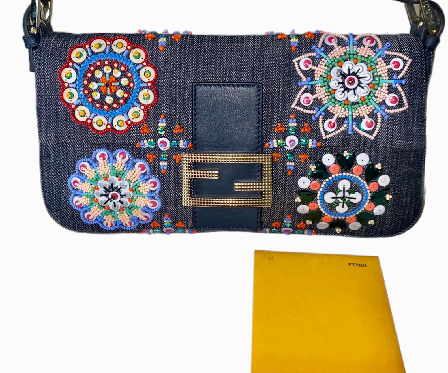 Special Piece - Fendi Embroidered Denim Sequin Baguette Handbag Flap Bag Clutch 5