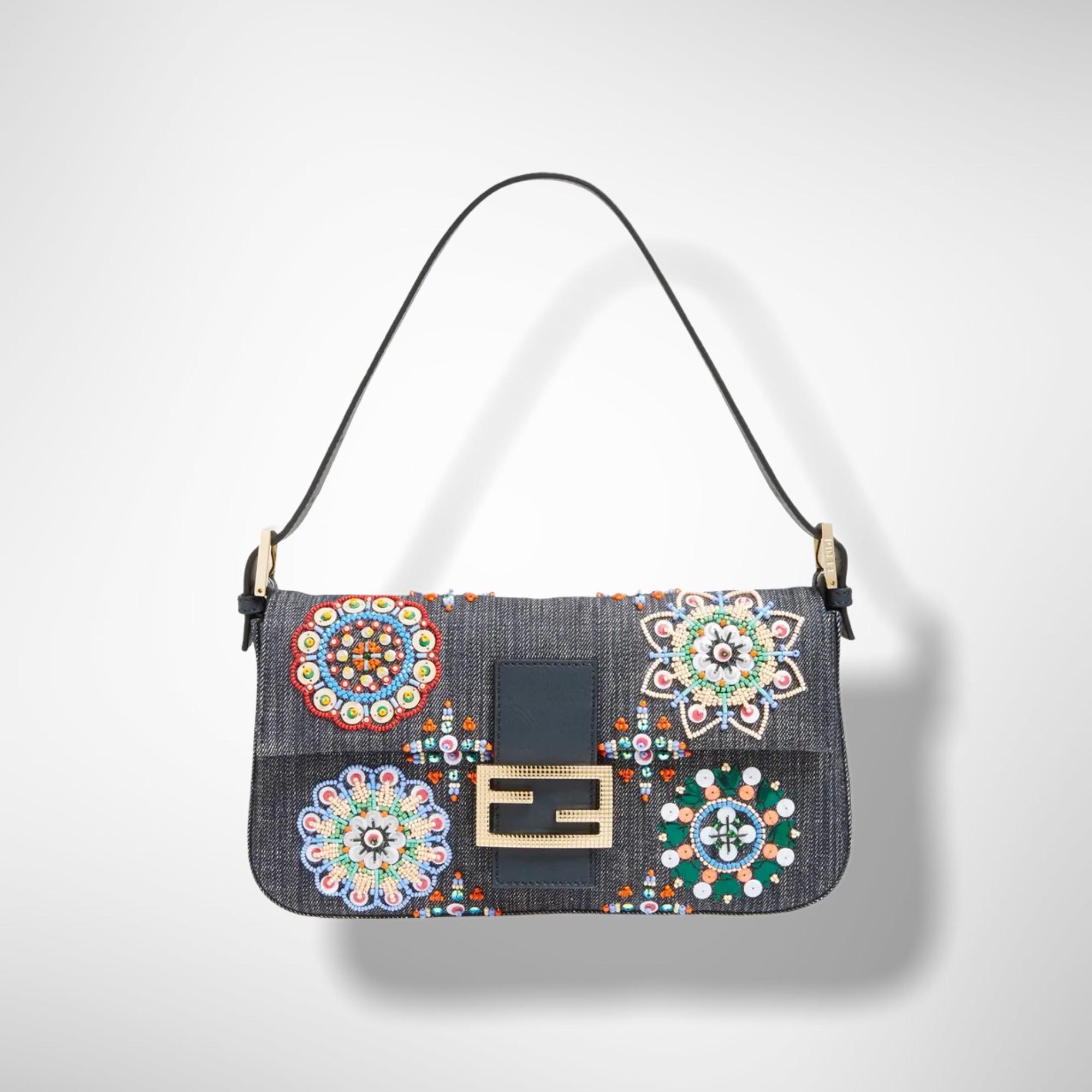 Special Piece - Fendi Embroidered Denim Sequin Baguette Handbag Flap Bag Clutch 6