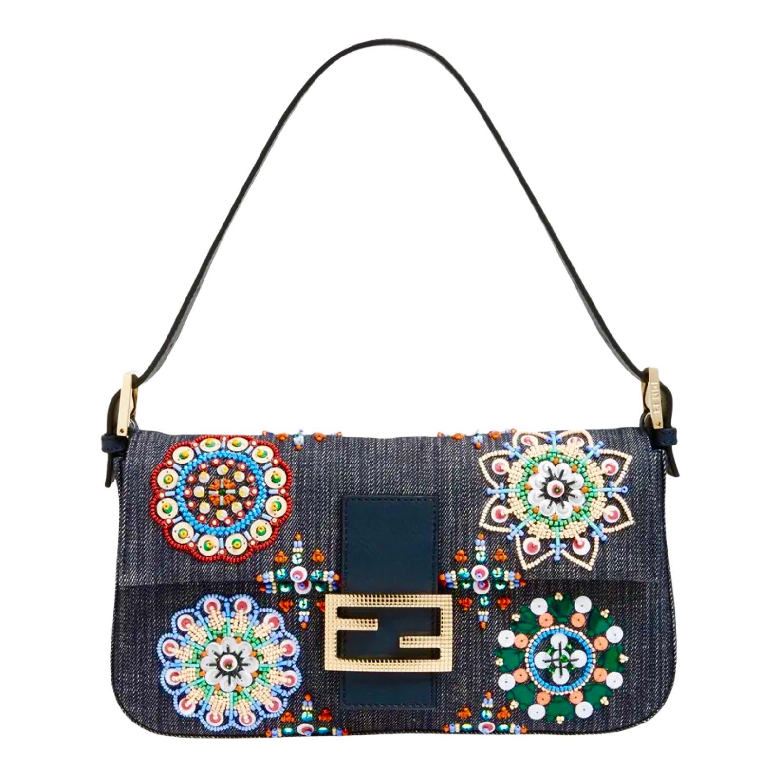 Women's Special Piece - Fendi Embroidered Denim Sequin Baguette Handbag Flap Bag Clutch
