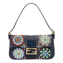 Special Piece - Fendi Embroidered Denim Sequin Baguette Handbag Flap Bag Clutch