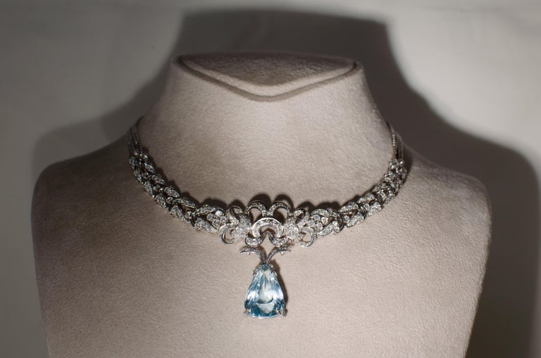 Special Platinum Necklace with Drop Aquamarine Centre and Diamonds For ...