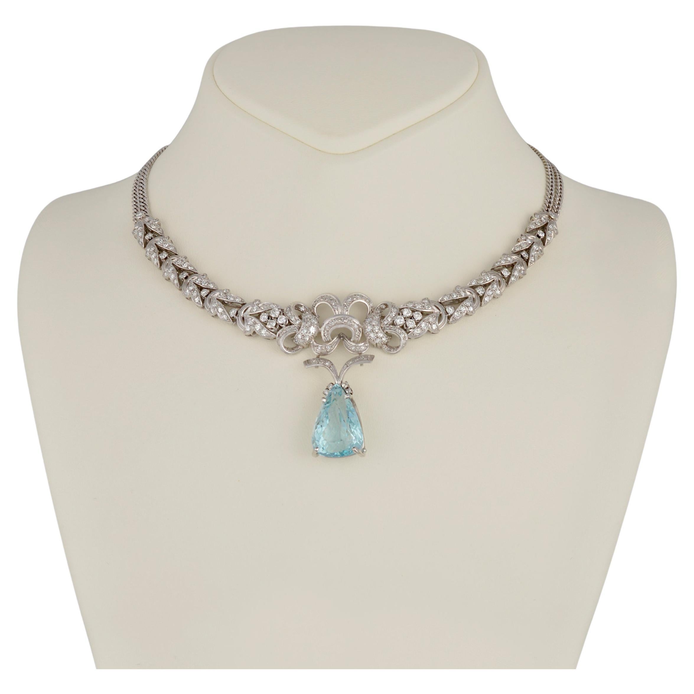 Special Platinum Necklace with Drop Aquamarine Centre & Diamonds For Sale