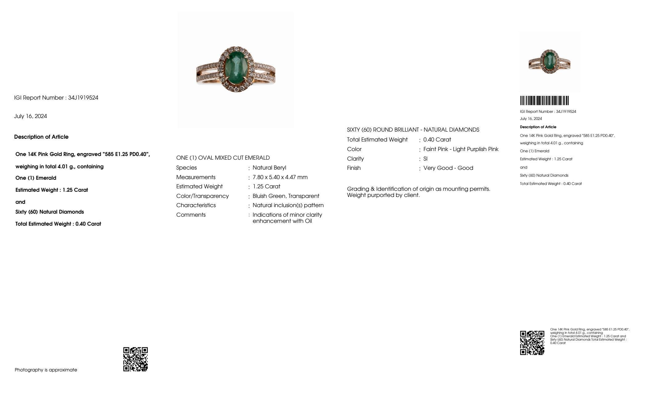 *Special Sale* IGI 14K 1.25 Ct Natural Emerald&Pink Diamonds Engagement Ring en vente 2