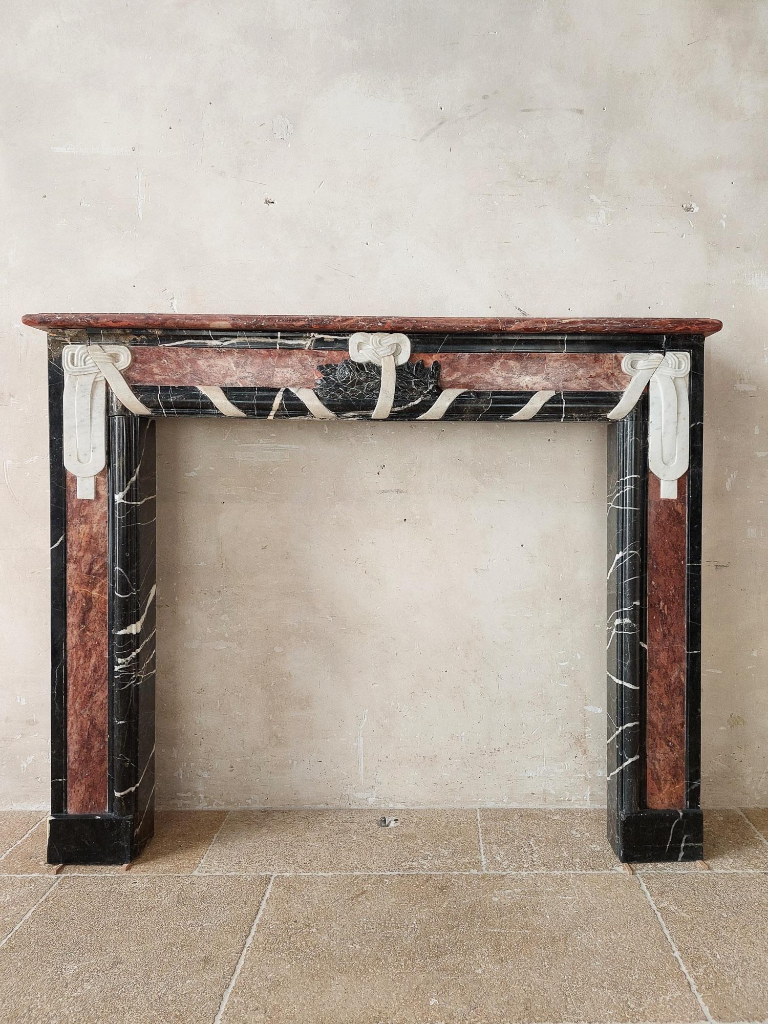 French Special Three-Color Marble Art Deco Fireplace For Sale