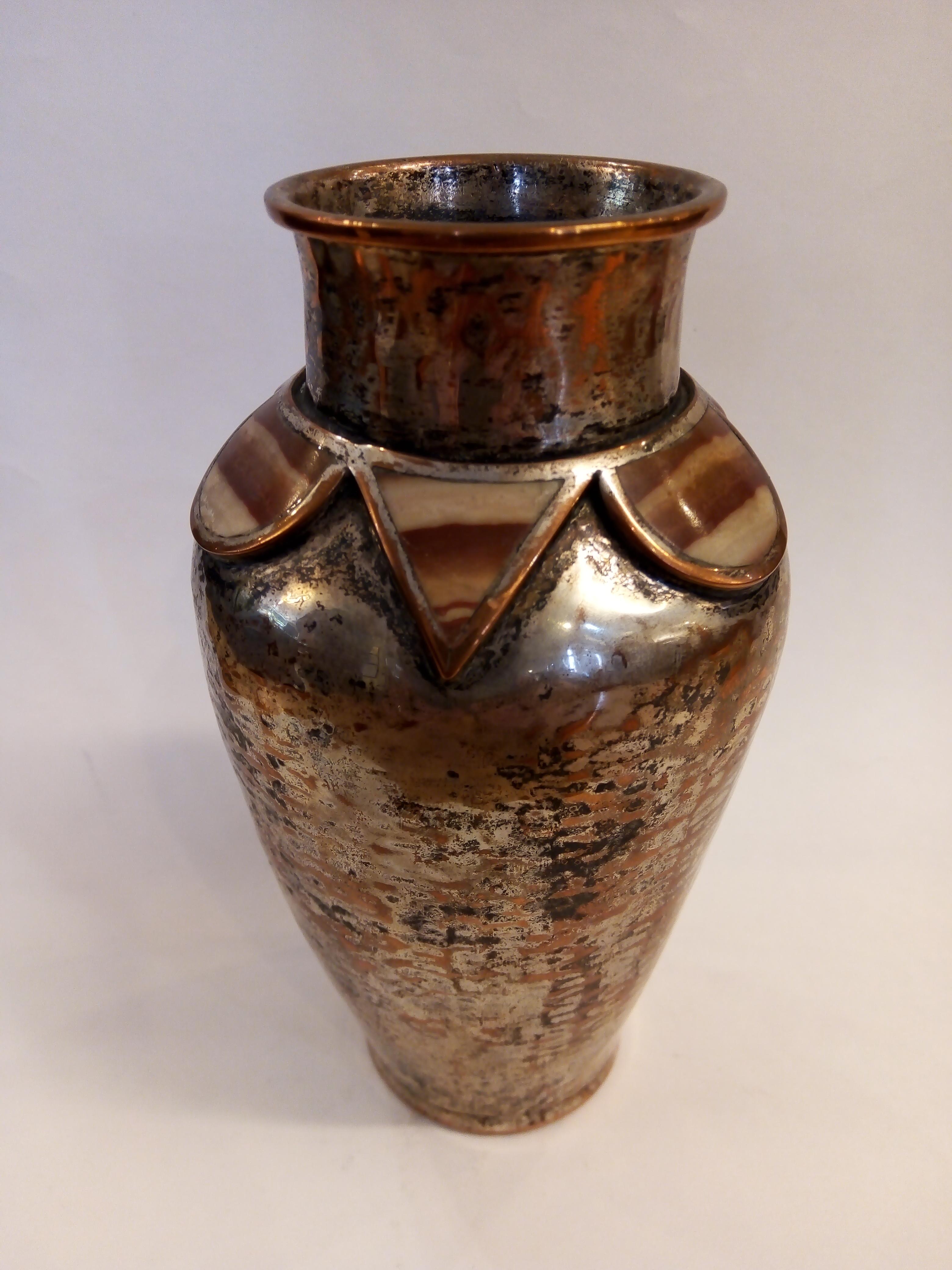 Modern Special Vase in Plated Hammered Copper and Onyx Inlays by Emilia Castillo Taxco