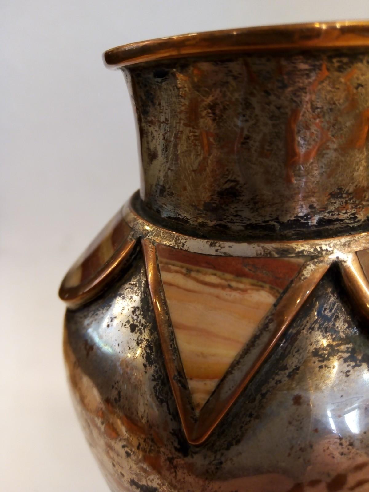 Mexican Special Vase in Plated Hammered Copper and Onyx Inlays by Emilia Castillo Taxco