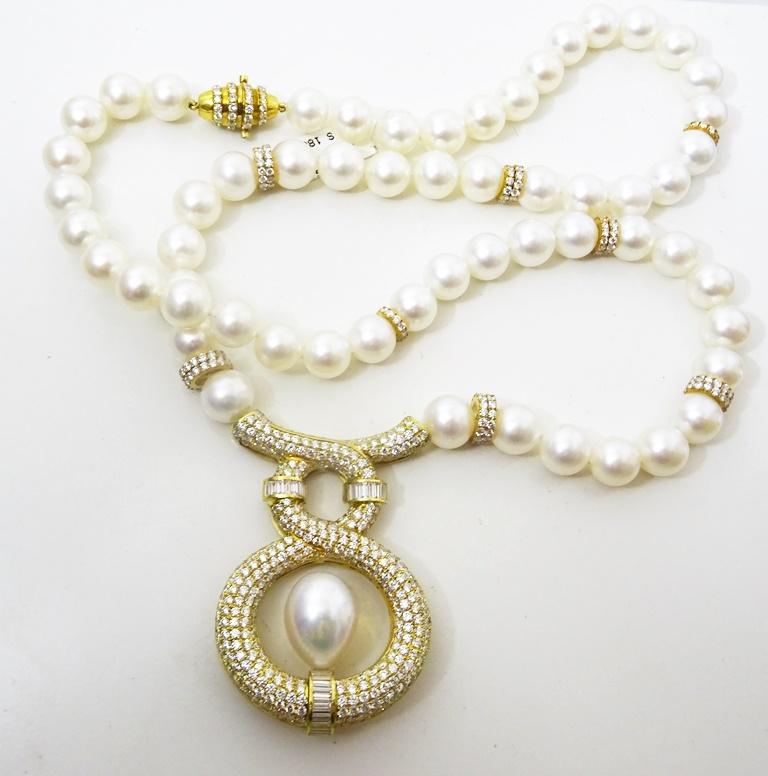 Round Cut Specially designed Akoya Pearl . 18 karat Gold and Diamond Necklace by Yvel For Sale