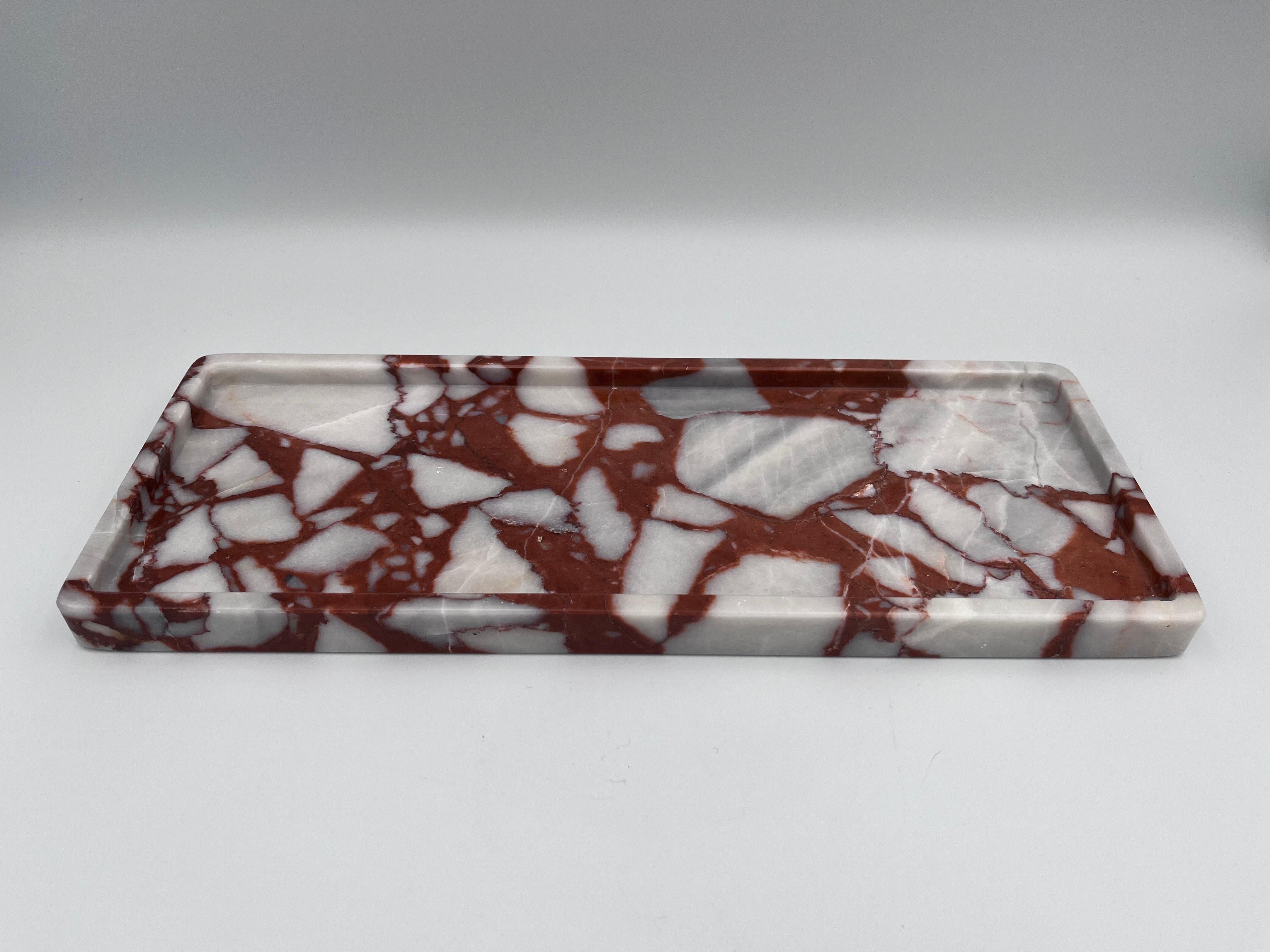 Carved Specimen Calcutta Red Marble Rectangular Dresser Tray,  Vide Poche, or Coin Dish For Sale