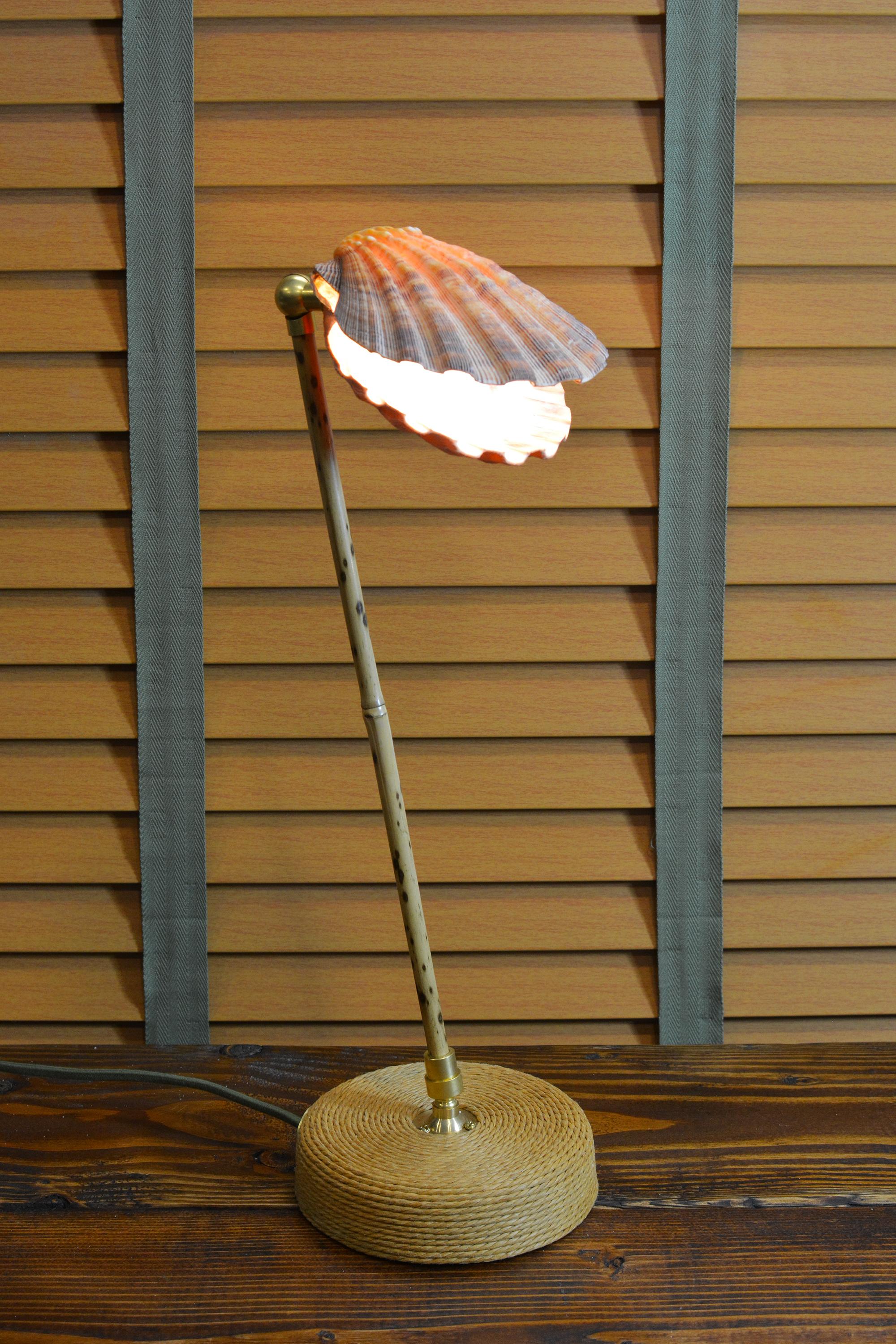 Modern Speckled Bamboo Task Lamp with Scallop Shell Shade and Coiled Seagrass Base For Sale