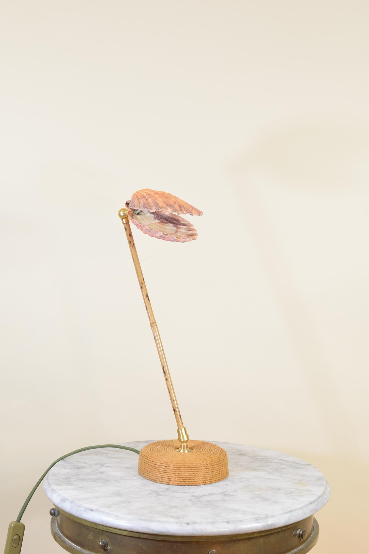 American Speckled Bamboo Task Lamp with Scallop Shell Shade and Coiled Seagrass Base For Sale