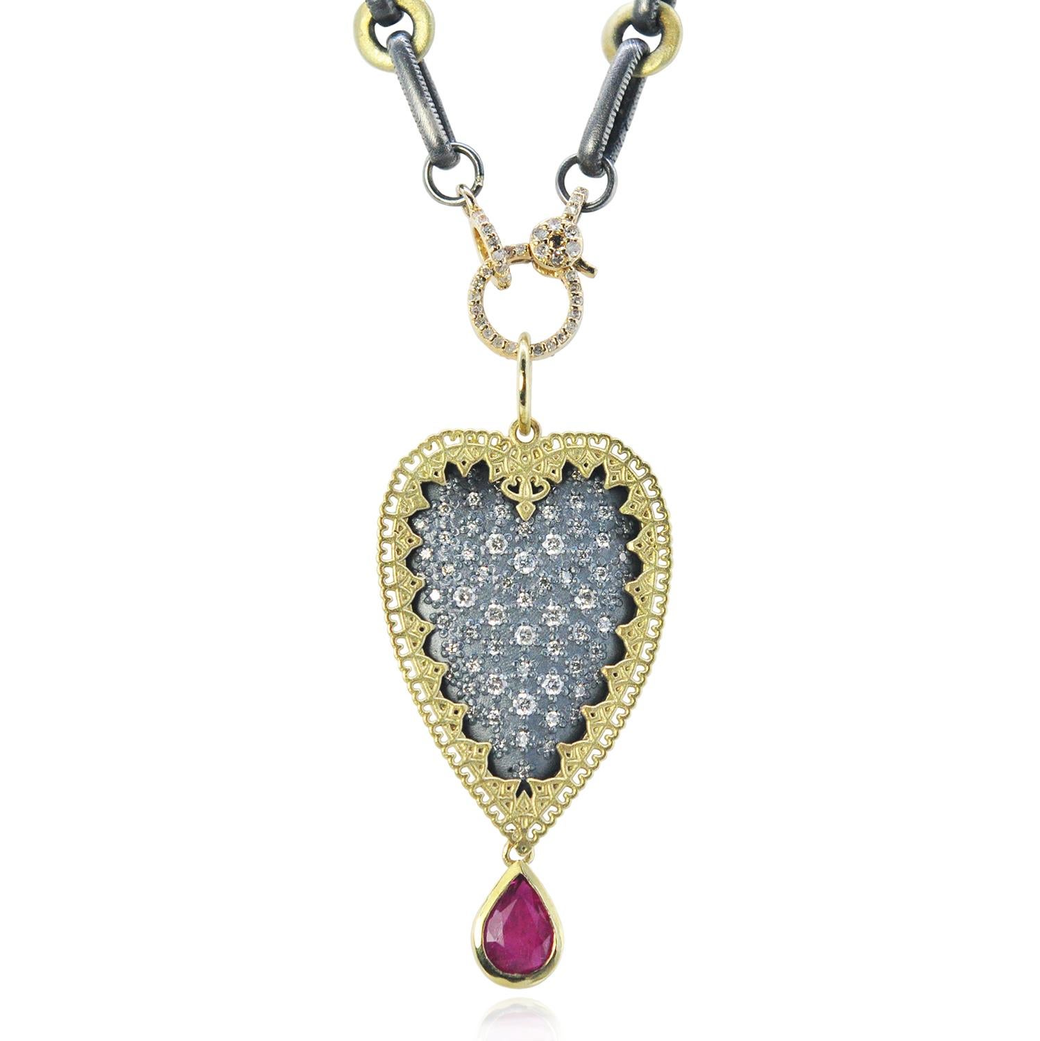 Artisan Framed Heart Necklace with Faceted Pear Ruby For Sale