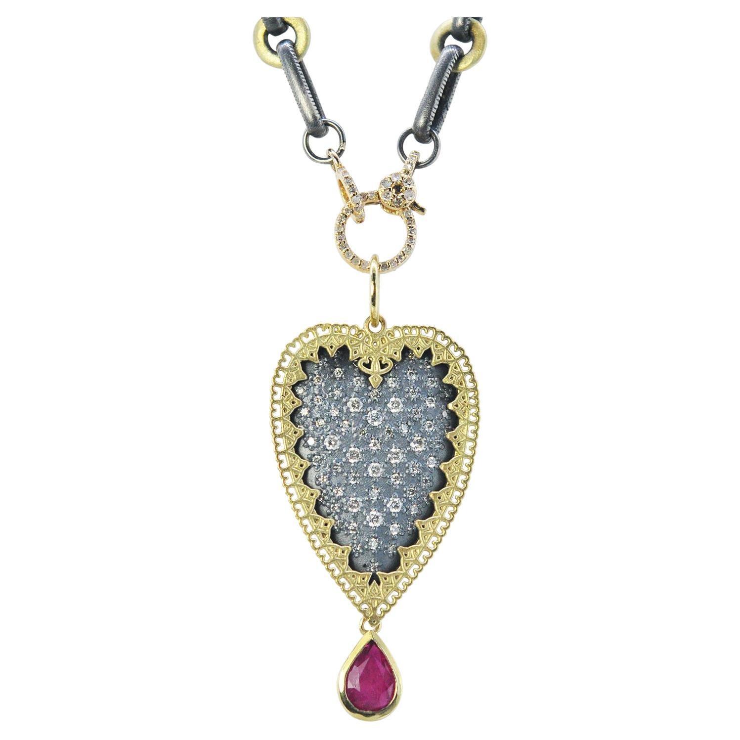 Framed Heart Necklace with Faceted Pear Ruby