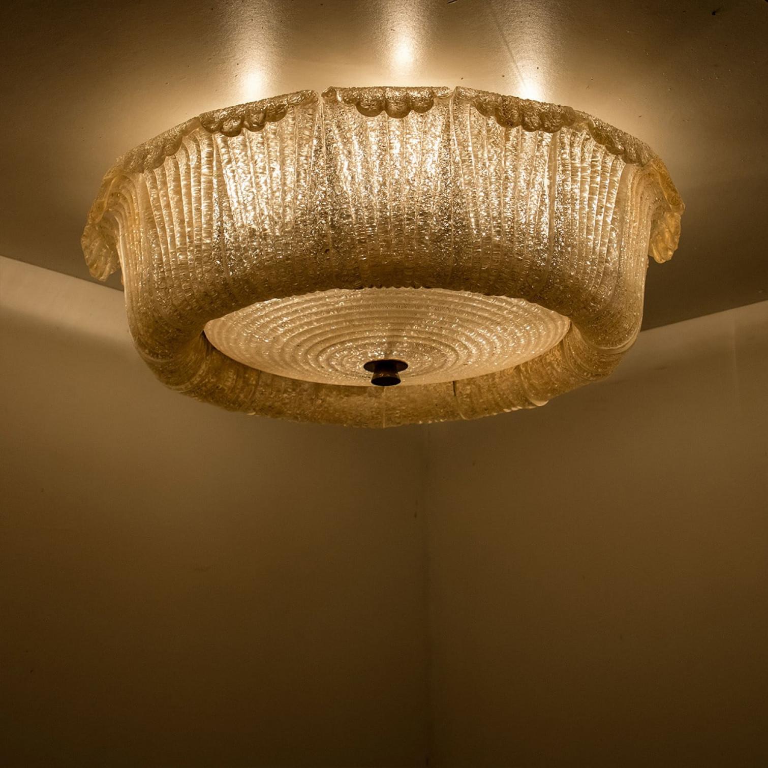 Italian Speckled Clear Gold Glass Flush Mount Murano Glass Barovier & Toso, Italy For Sale