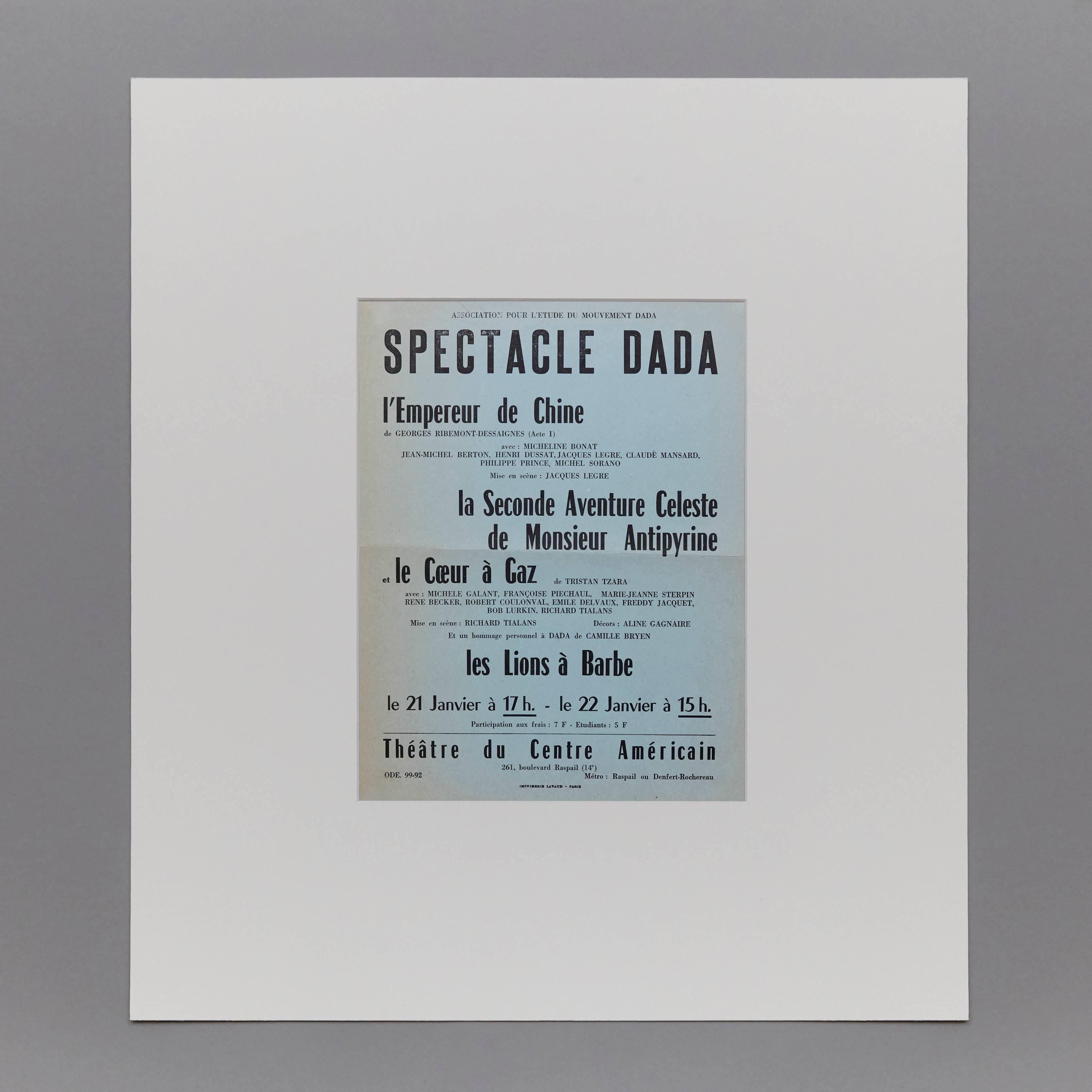 Tract / vintage poster program Spectacle Dada Tristan Tzara Ribemont-Dessaignes Coeur a Gaz Bryen, 1960s.

