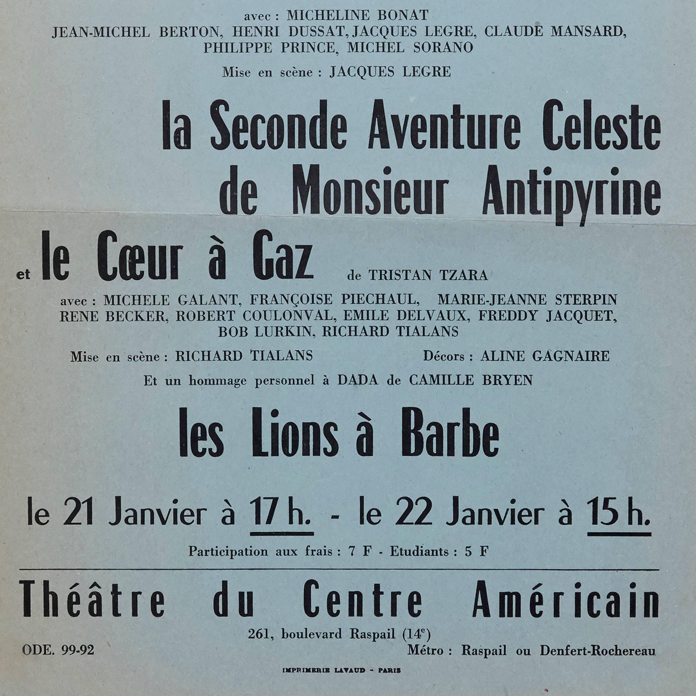 French Spectacle Dada Tristan Tzara Ribemont-Dessaignes Coeur a Gaz Bryen, 1960s For Sale