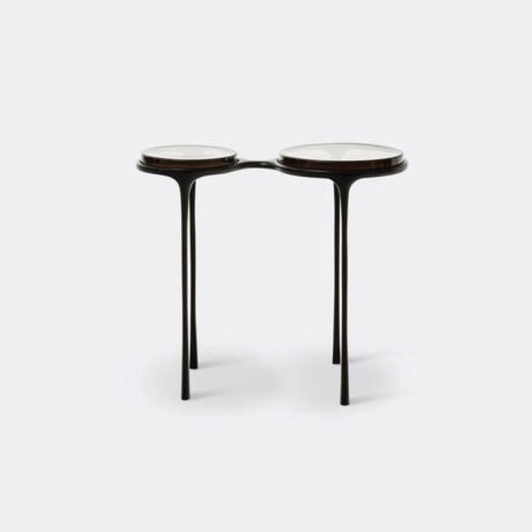 Contemporary Spectacles Side Table, Monument Dark Bronze Base, Fog Cast Glass Top