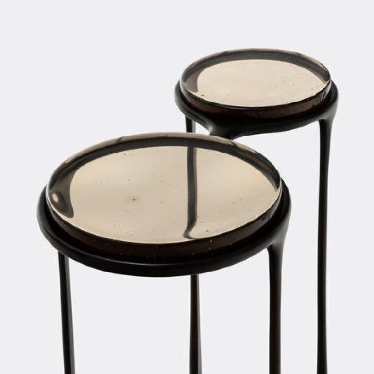 Spectacles Side Table, Monument Dark Bronze Base, Fog Cast Glass Top For Sale 1