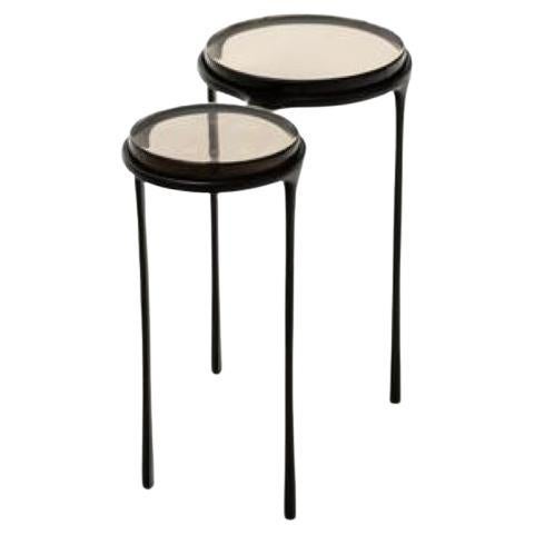 Spectacles Side Table, Monument Dark Bronze Base, Fog Cast Glass Top For Sale