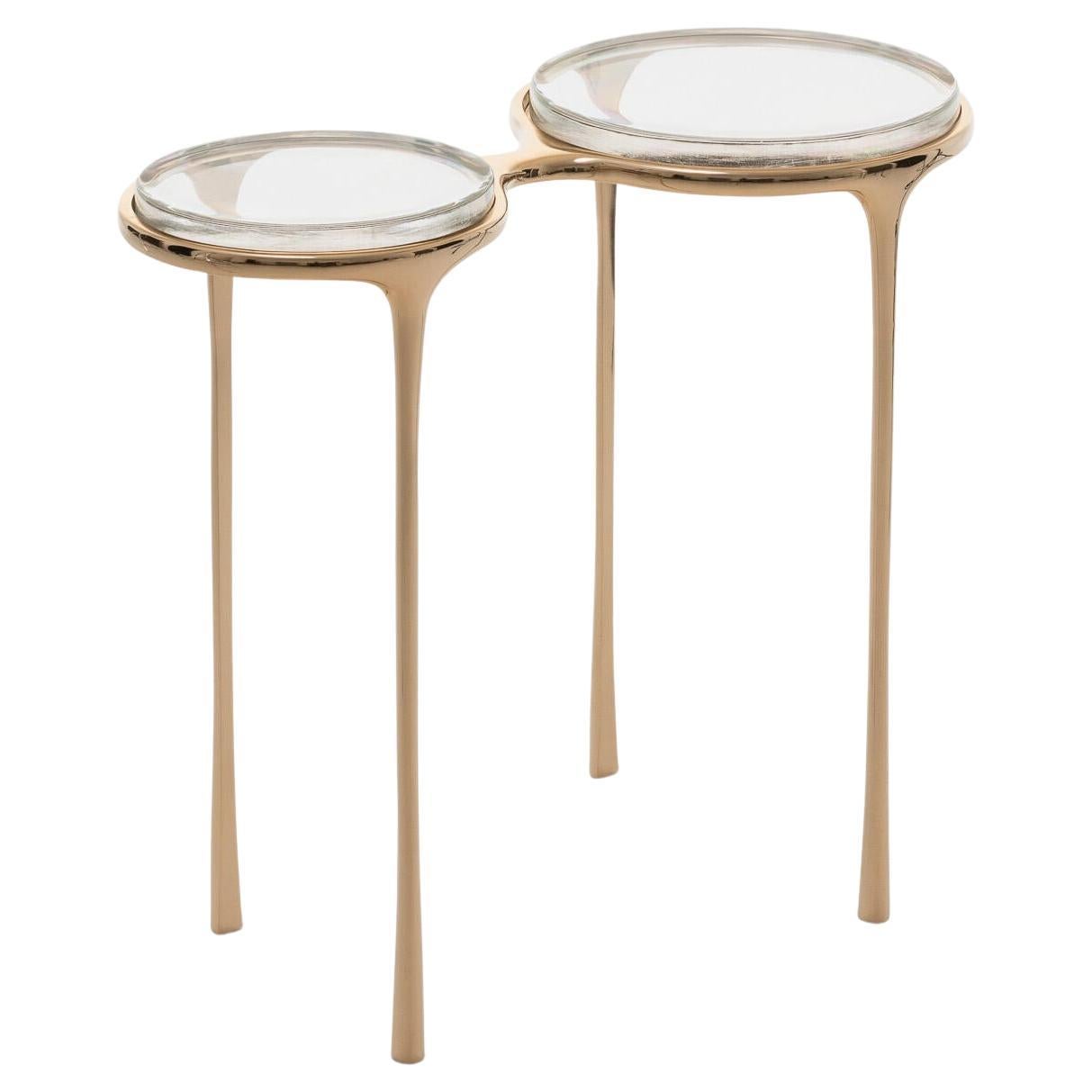 Spectacles Side Table  Polished Bronze base, Clear glass top
