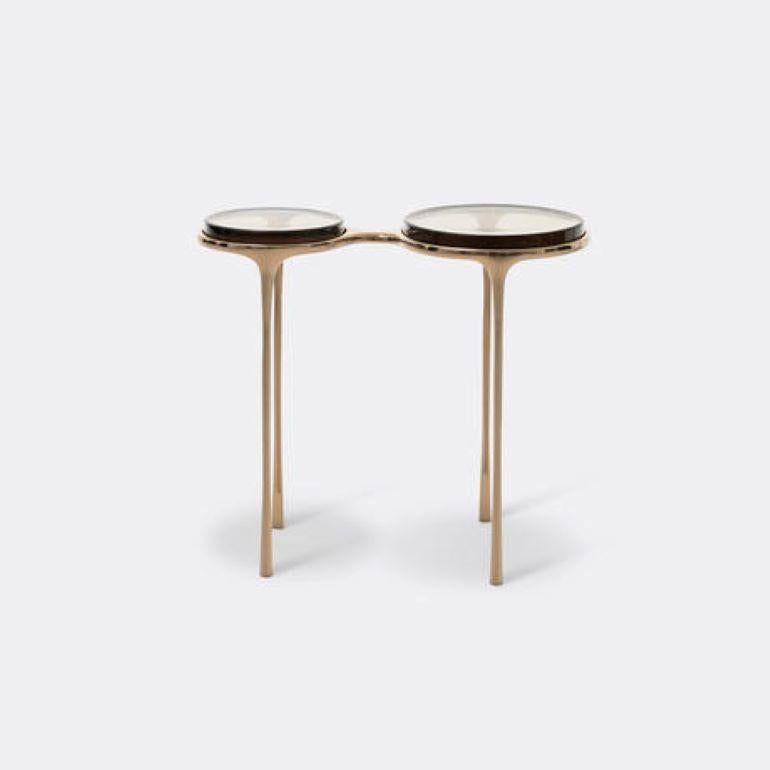 Contemporary Spectacles Side Table, Polished Bronze Base, Fog Cast Glass Top
