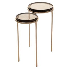Spectacles Side Table, Polished Bronze Base, Fog Cast Glass Top