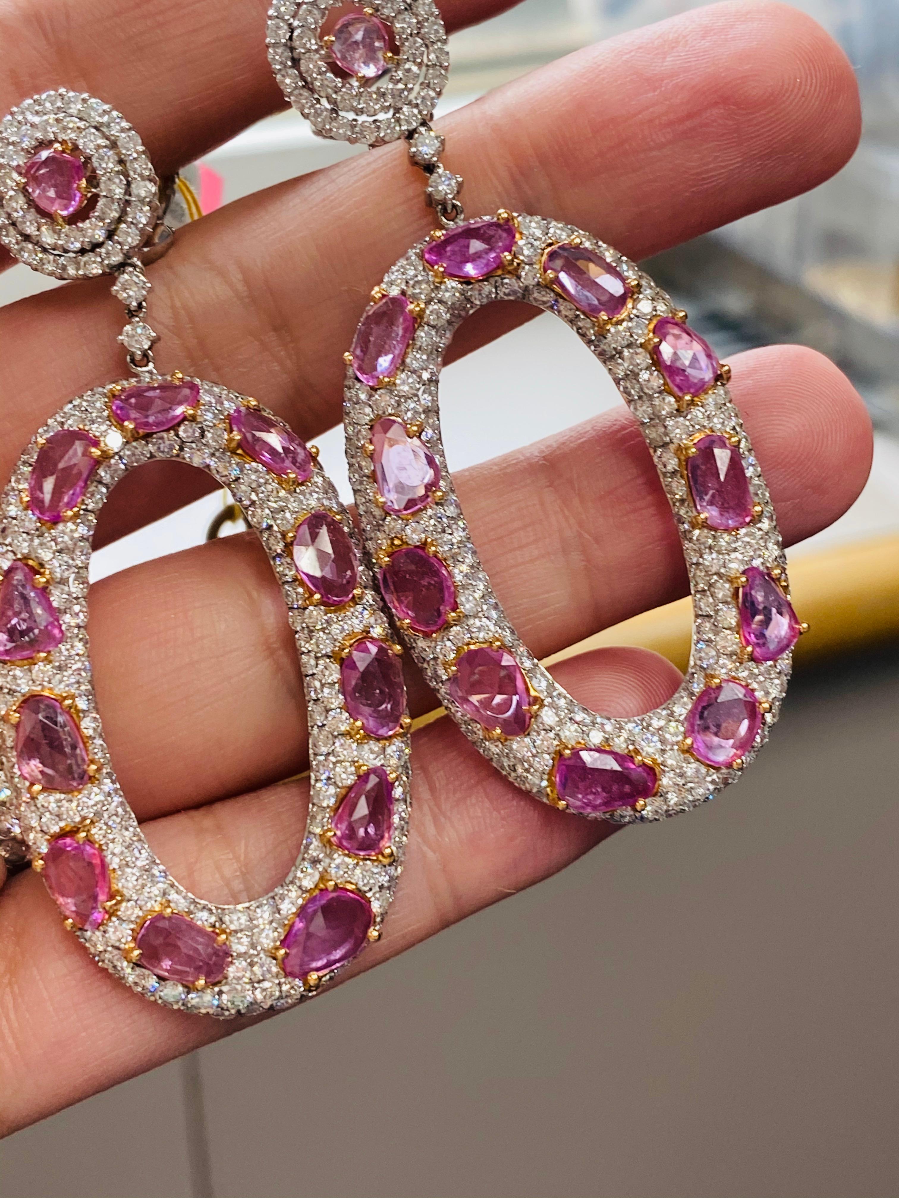 Round Cut Spectacular 12.62 Carat Pink Sapphire and Diamond Earrings For Sale