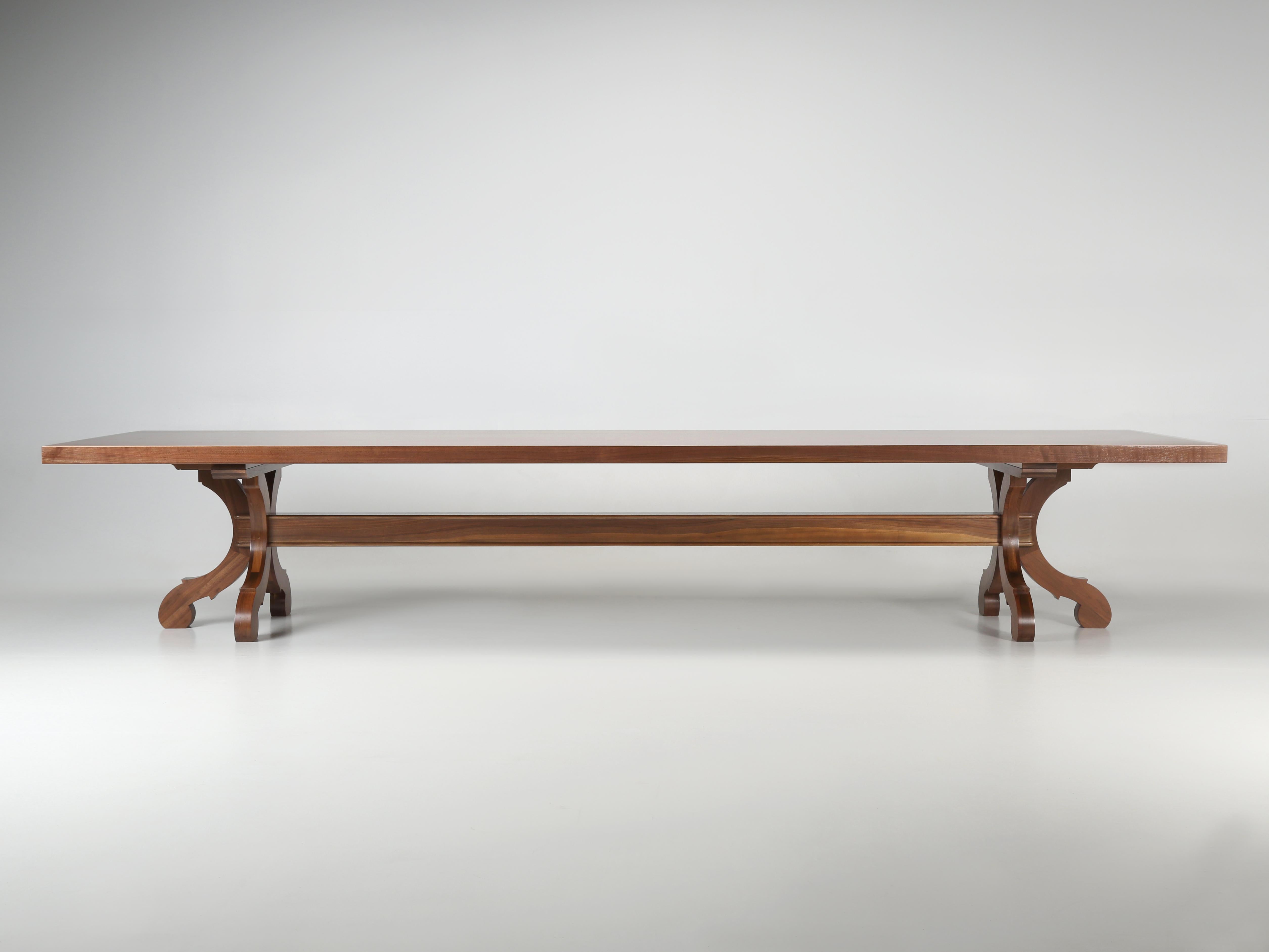 Spectacular, is an understatement for our 14’ Long Walnut Dining Table that will comfortably seat 16-20 family members, or close friends for that special occasion. The longer you look at our Walnut Trestle Dining Table, the more you will begin to