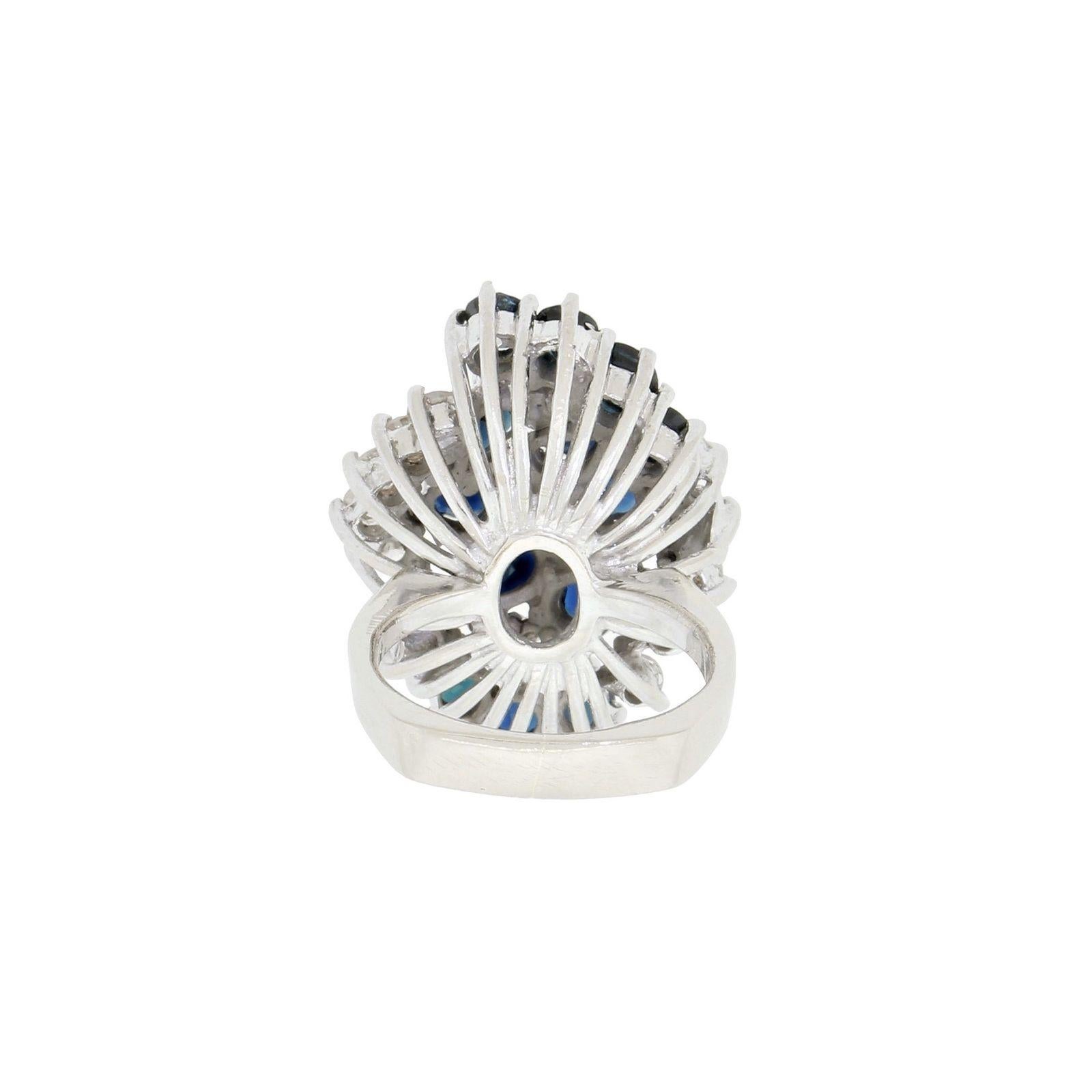Modern Spectacular 14 Karat Gold Large Sapphire Diamond Cluster Cocktail Ring 3.45 TW For Sale