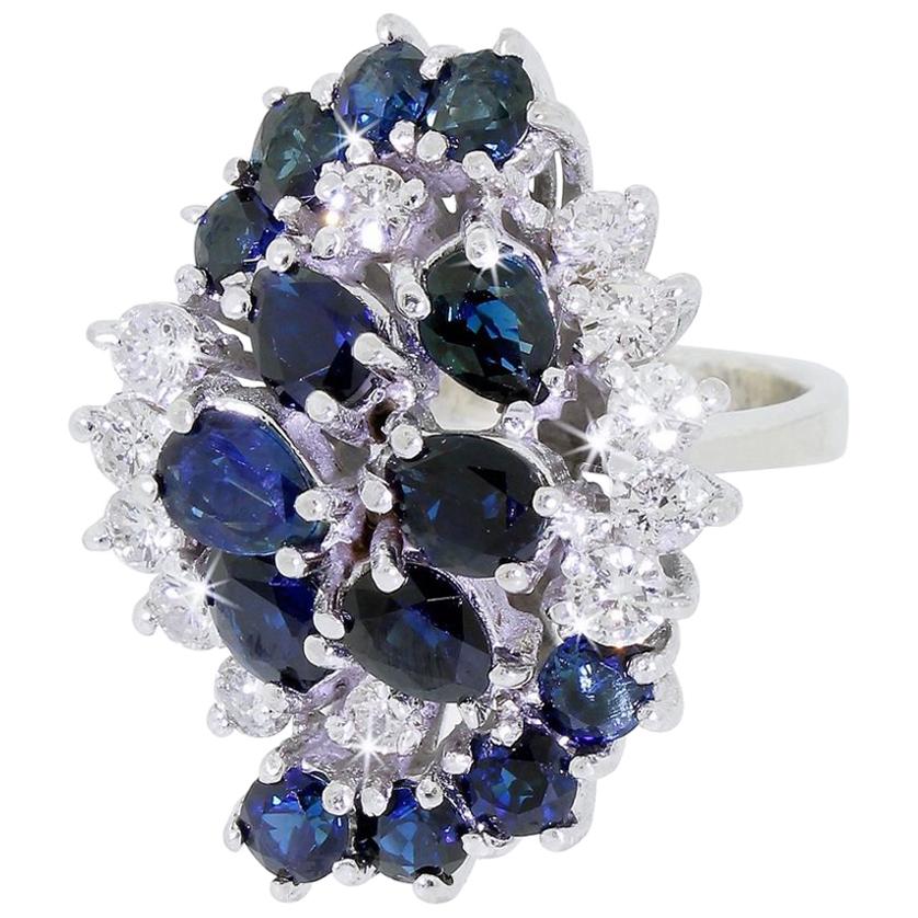 Spectacular 14 Karat Gold Large Sapphire Diamond Cluster Cocktail Ring 3.45 TW For Sale
