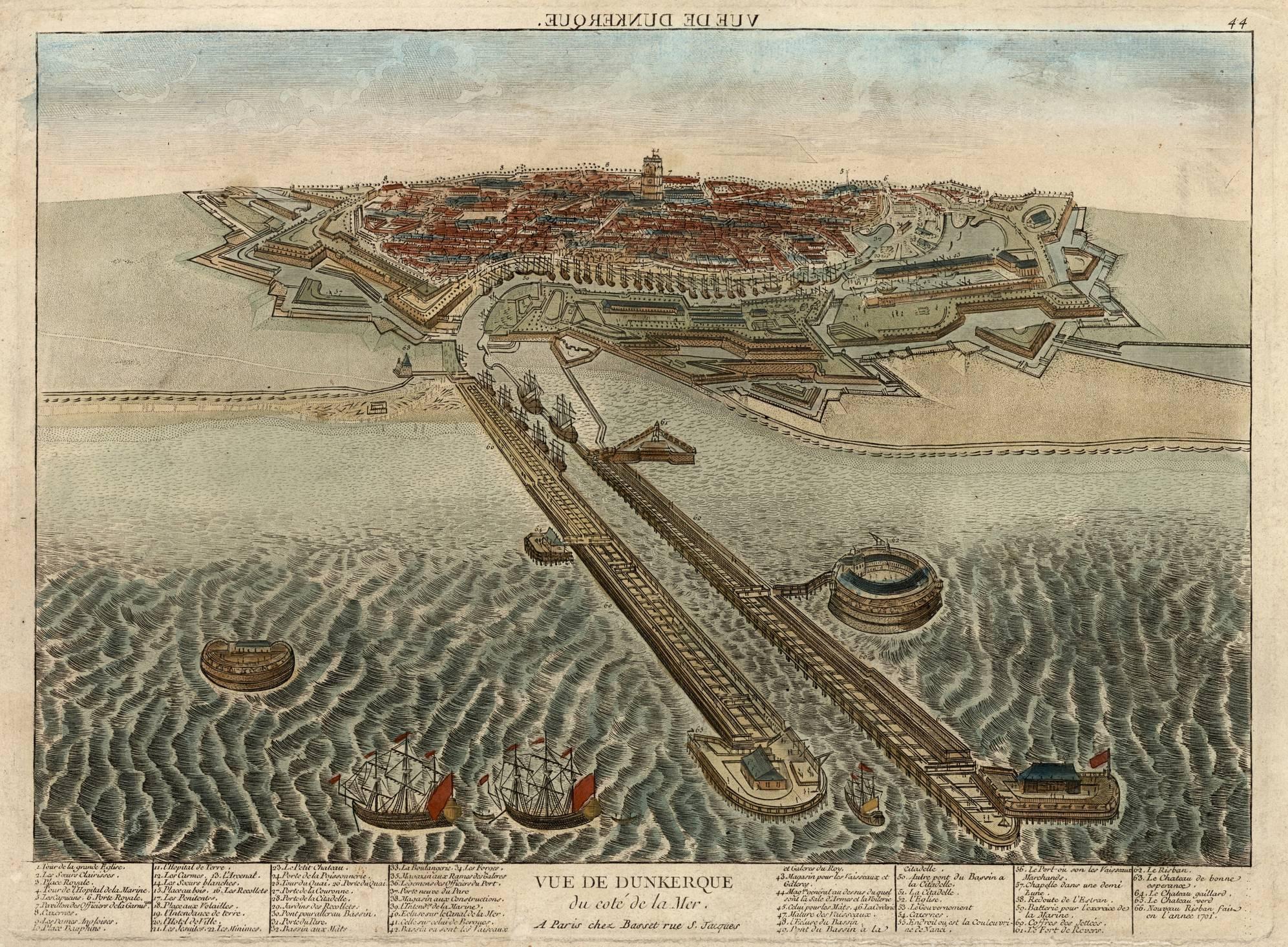 This engraving, titled *Vue de Dunkerque du coté de la Mer*, is a spectacular bird's-eye view of Dunkirk from the sea, published by Basset around 1770. 

It provides a detailed panoramic perspective of the fortified town and its harbor, showcasing