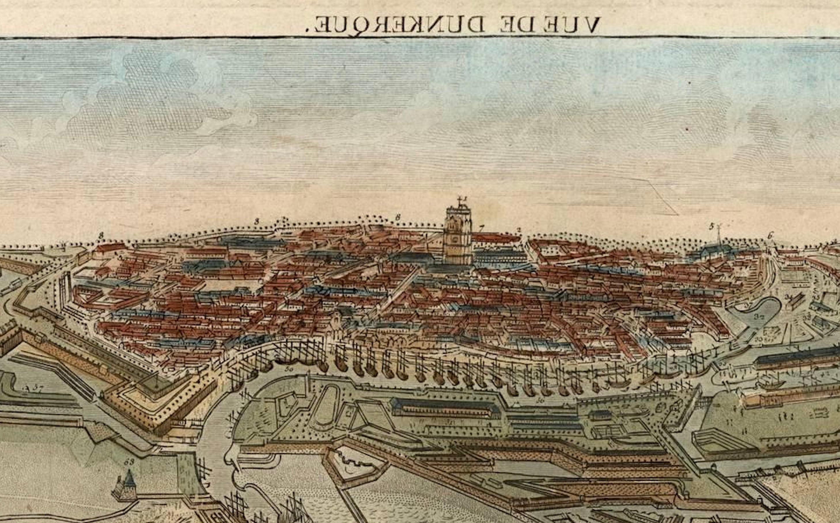 Engraved Spectacular 1770 Bird's-Eye View of Dunkirk Harbor by Basset, with 66 Landmarks For Sale
