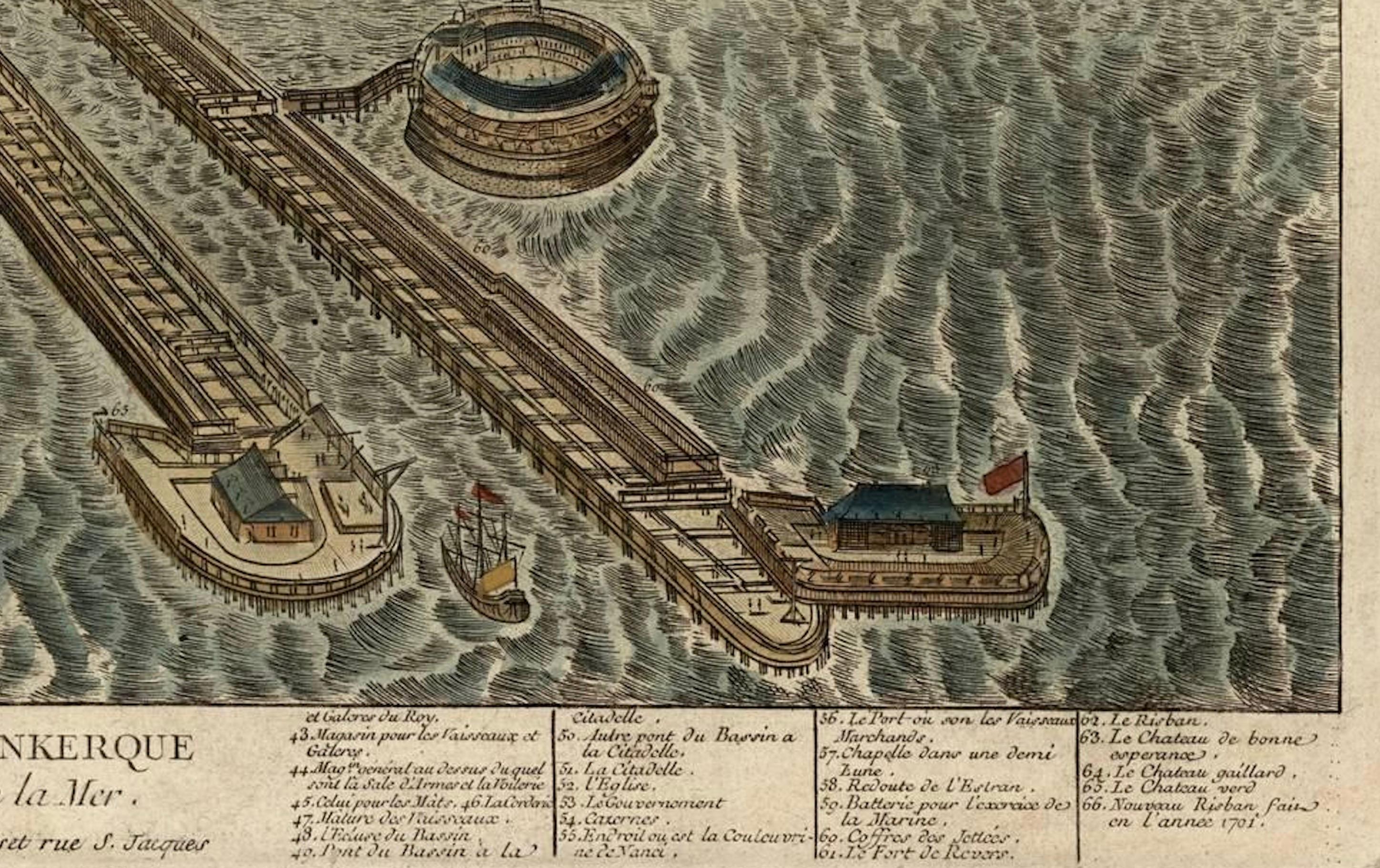Spectacular 1770 Bird's-Eye View of Dunkirk Harbor by Basset, with 66 Landmarks In Good Condition For Sale In Langweer, NL