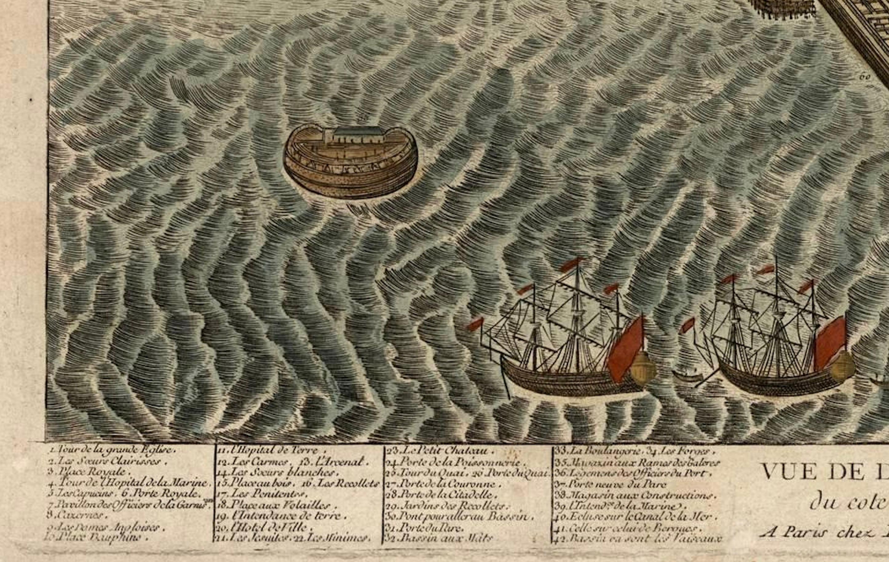 Late 18th Century Spectacular 1770 Bird's-Eye View of Dunkirk Harbor by Basset, with 66 Landmarks For Sale