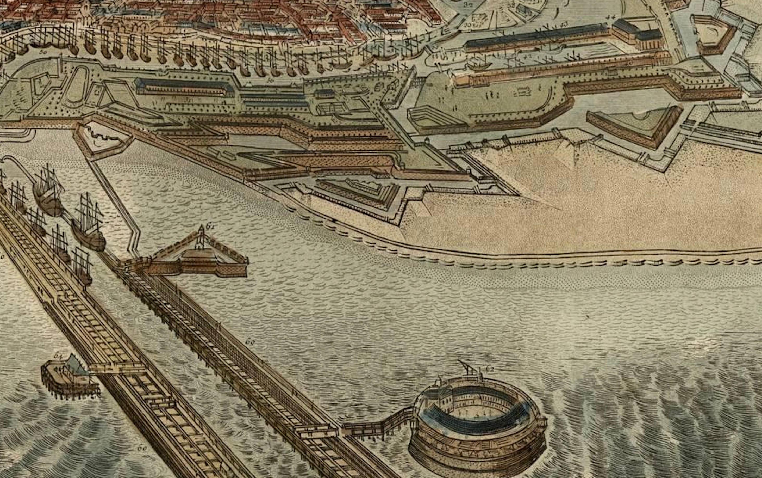Paper Spectacular 1770 Bird's-Eye View of Dunkirk Harbor by Basset, with 66 Landmarks For Sale