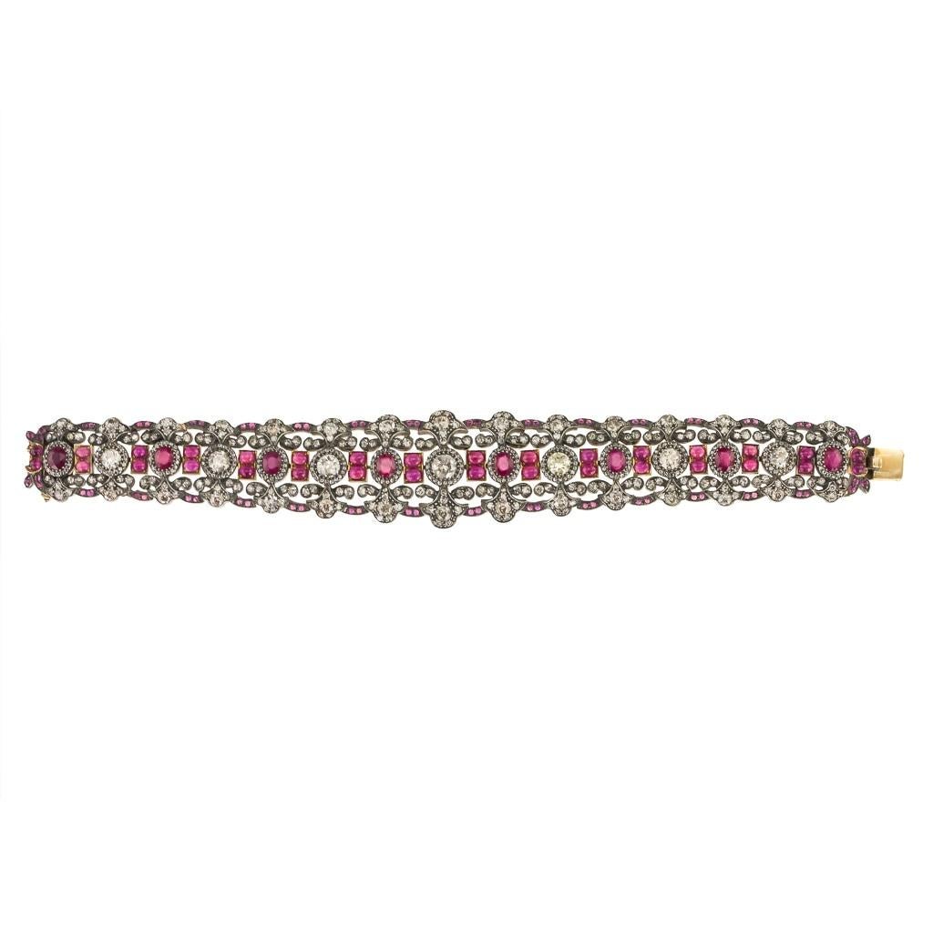 Spectacular Victorian style 18k gold & silver set, old cut diamonds & ruby bracelet, approx 7-8ct of rubies and 7-8ct of diamonds, unmarked.

