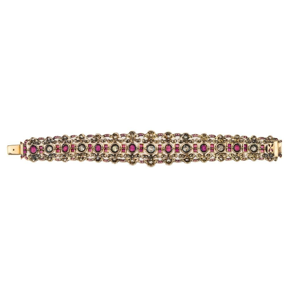 Victorian Spectacular 18 Karat Gold and Silver, Diamonds, Ruby Bracelet For Sale