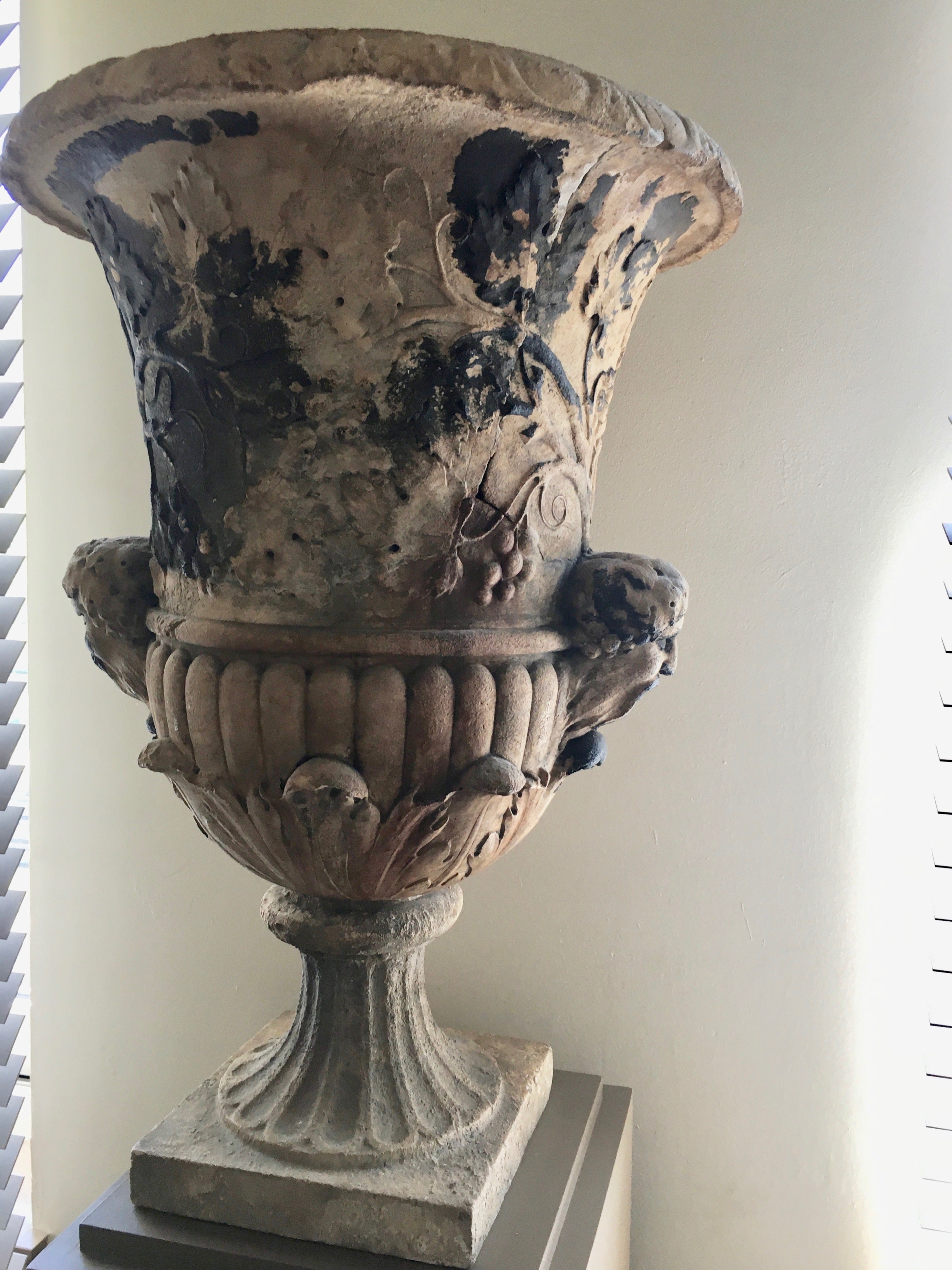 Spectacular 18th Century Carved Limestone Garden Vase, France 1780.