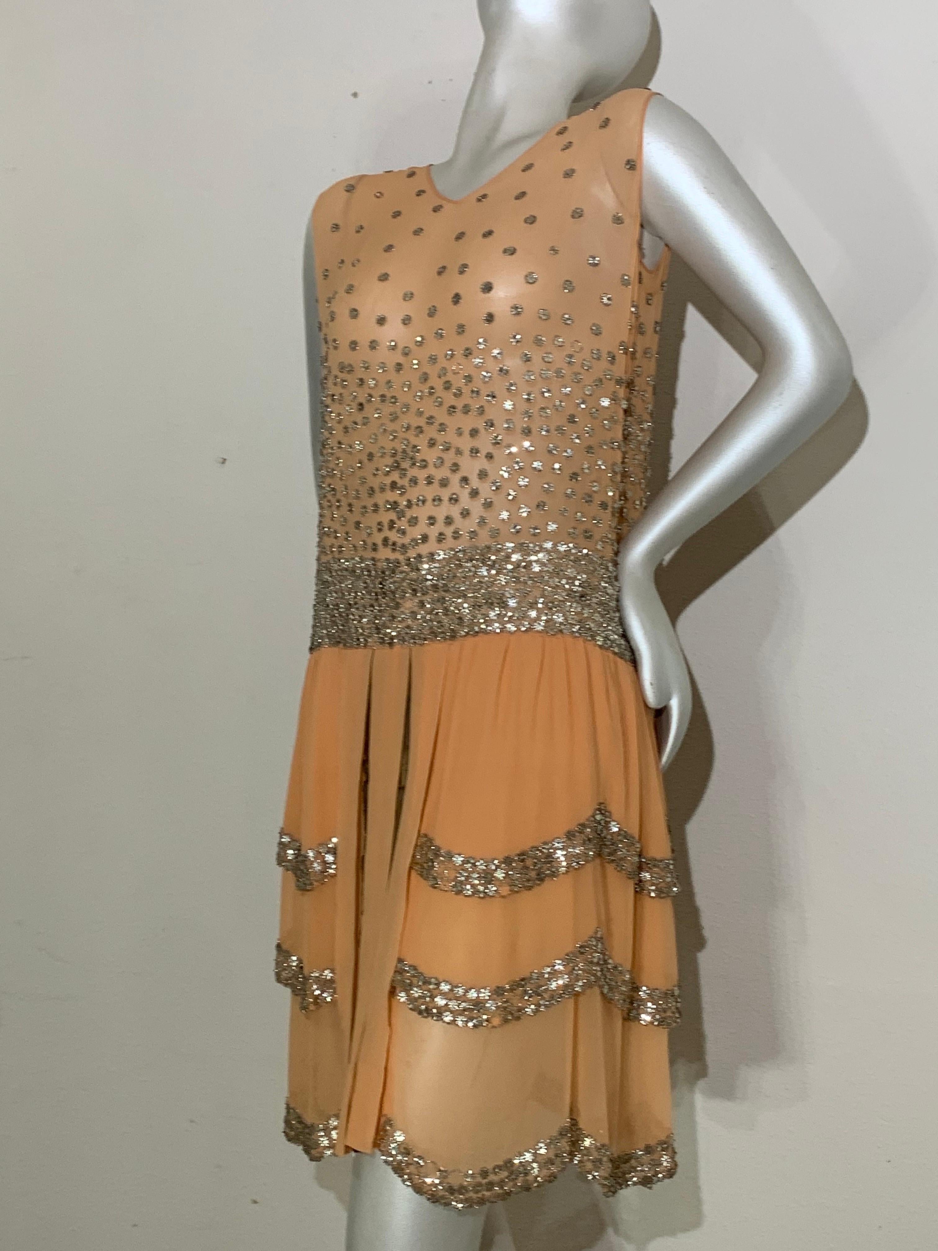 Spectacular 1920s Apricot Silk Chiffon Evening Dress w/ Mirror Beaded Trim For Sale 6