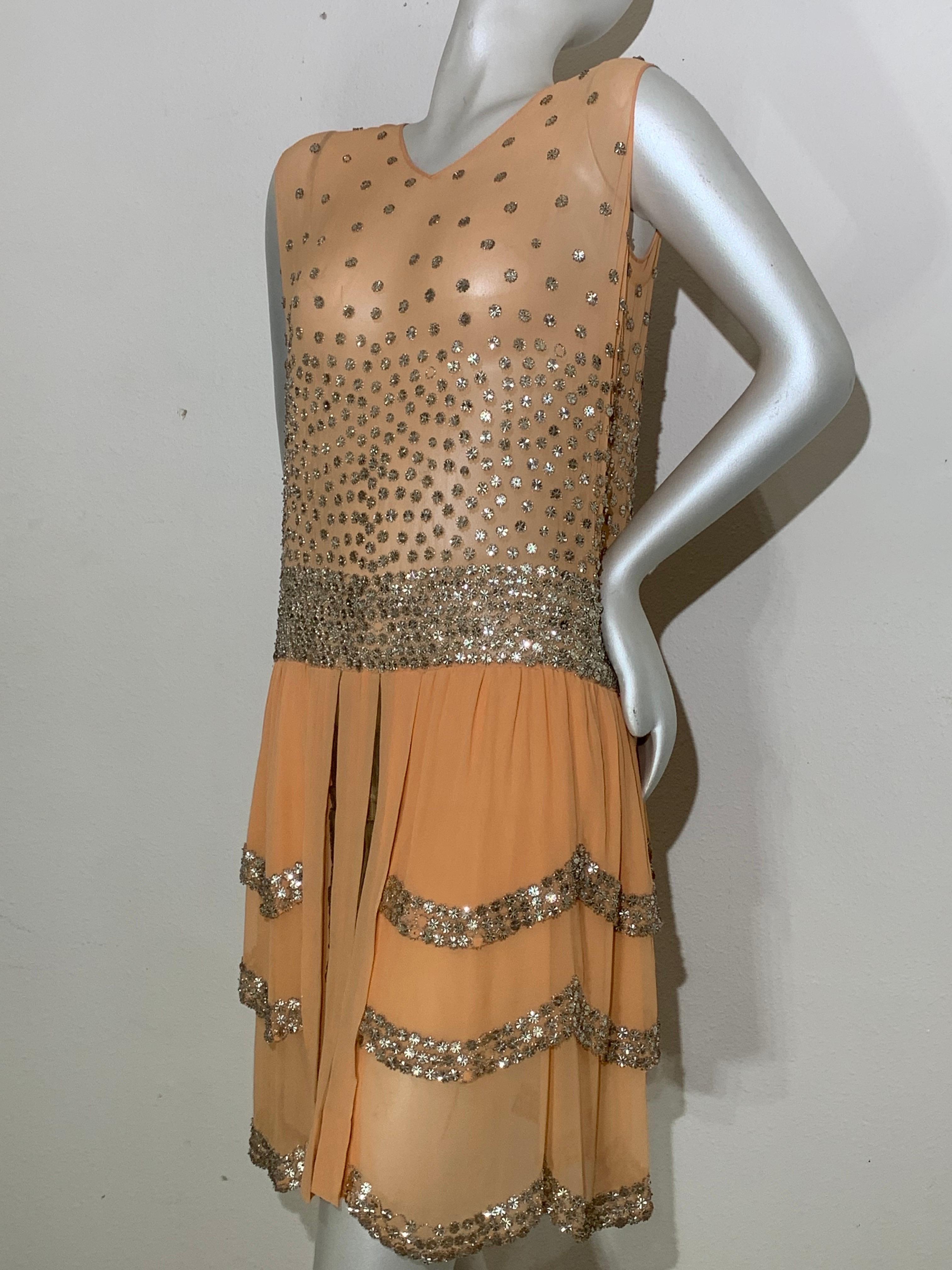 Spectacular 1920s Apricot Silk Chiffon Evening Dress w/ Mirror Beaded Trim For Sale 7