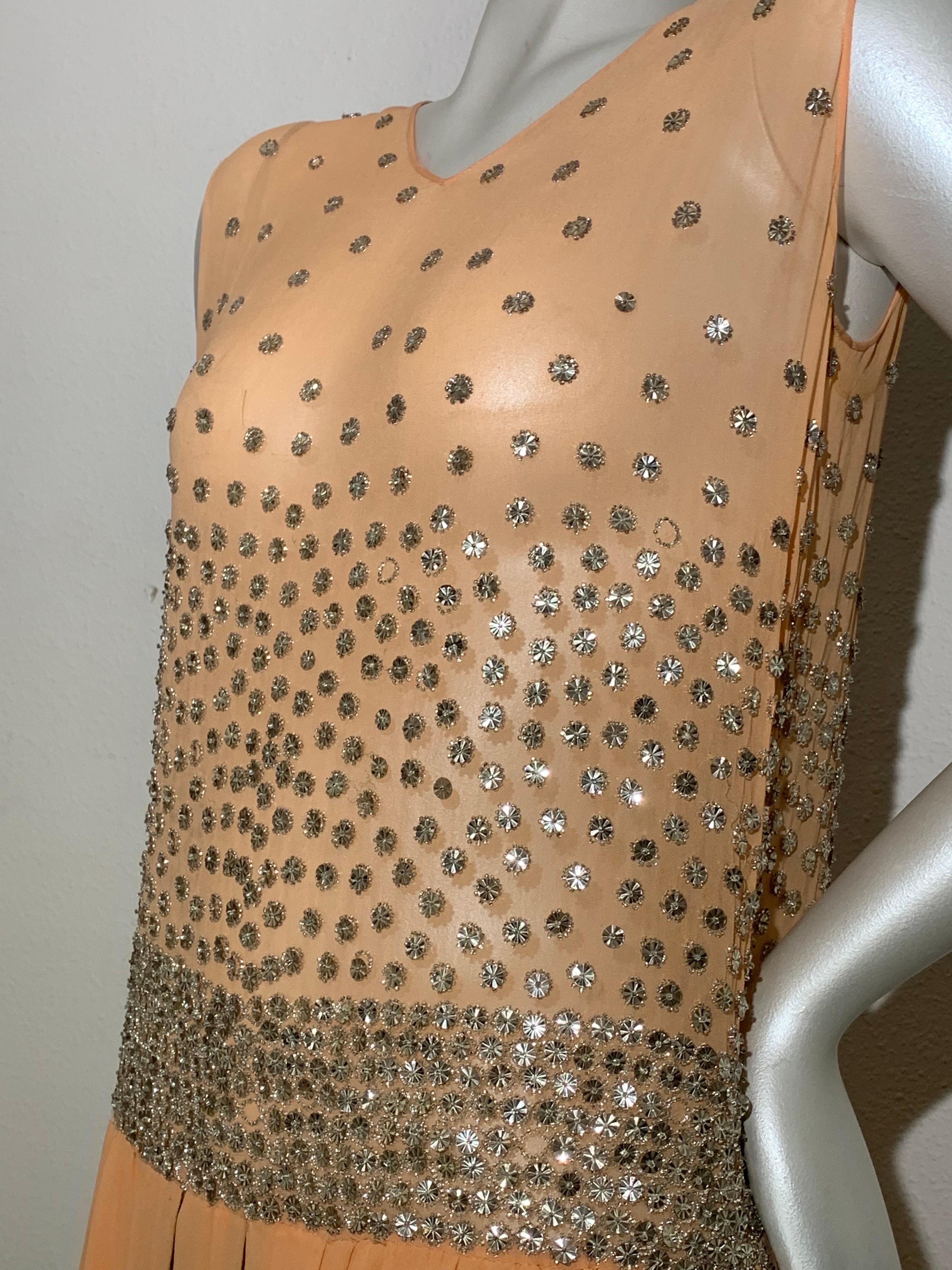 Spectacular 1920s Apricot Silk Chiffon Evening Dress w/ Mirror Beaded Trim For Sale 8