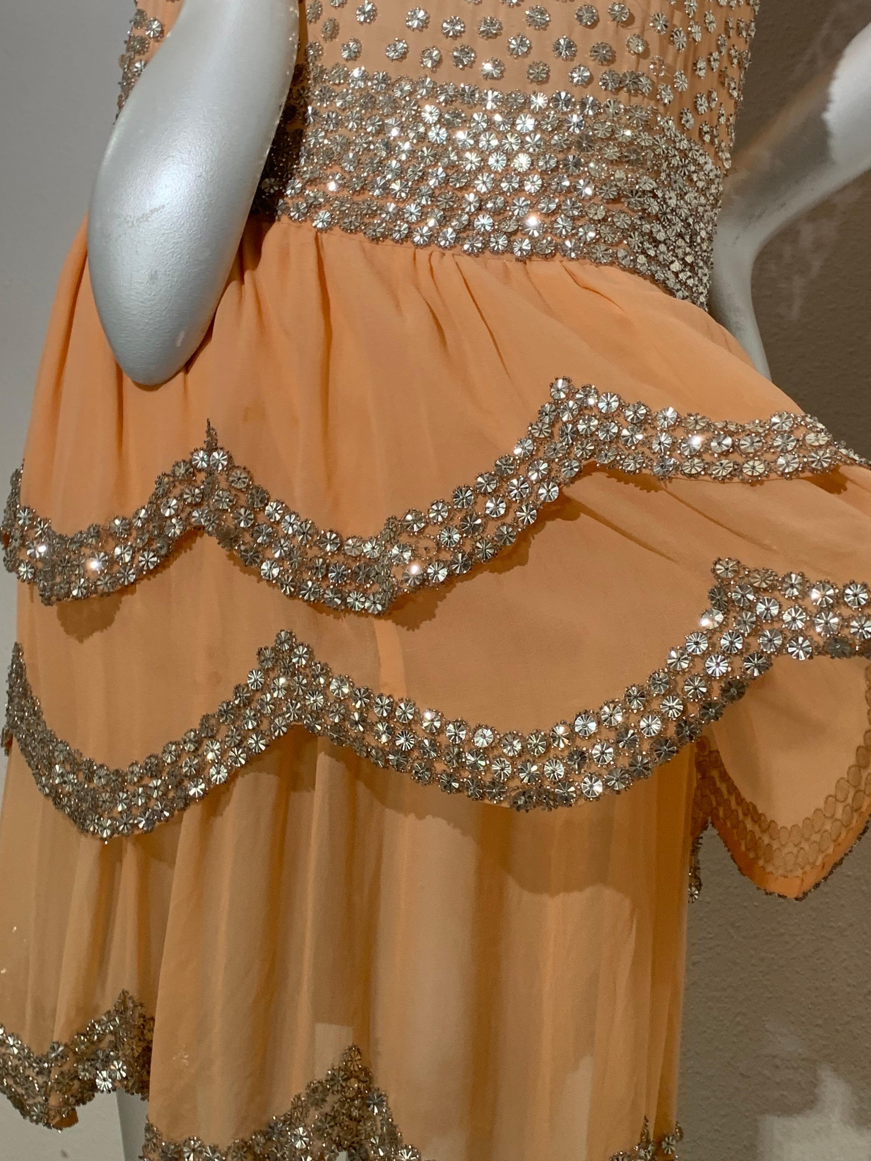 Spectacular 1920s Apricot Silk Chiffon Evening Dress w/ Mirror Beaded Trim For Sale 10
