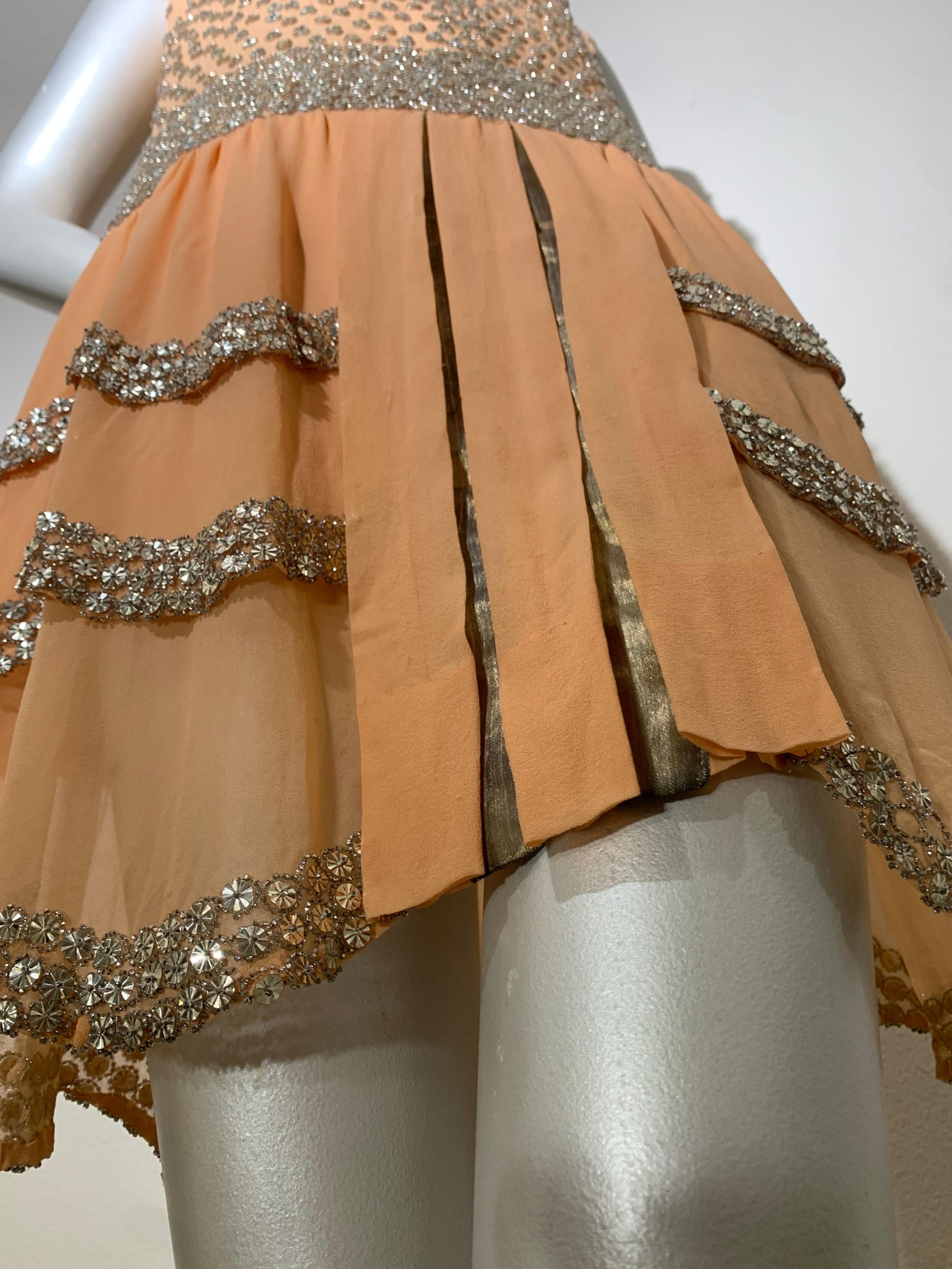 Spectacular 1920s Apricot Silk Chiffon Evening Dress w/ Mirror Beaded Trim For Sale 11