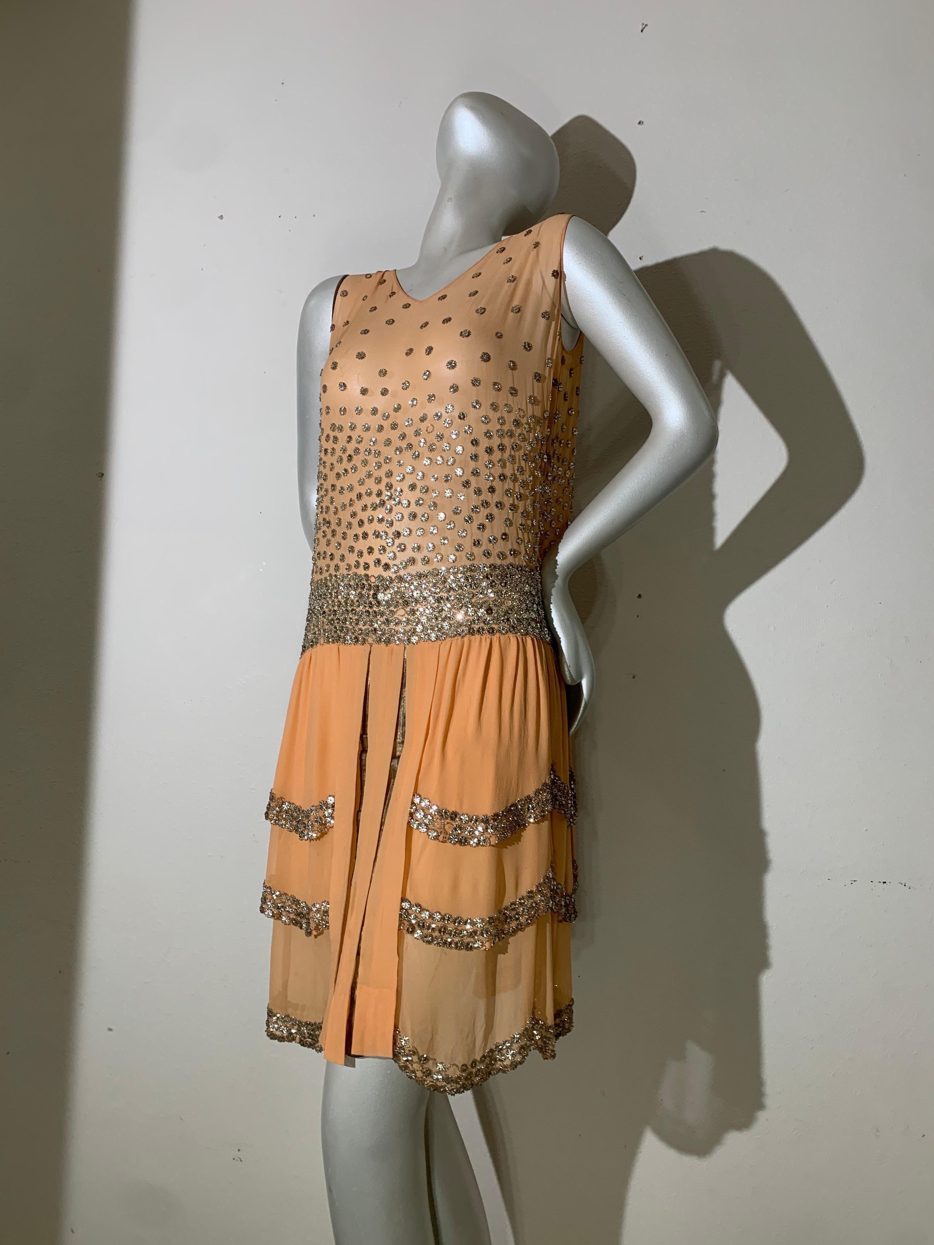 Brown Spectacular 1920s Apricot Silk Chiffon Evening Dress w/ Mirror Beaded Trim For Sale