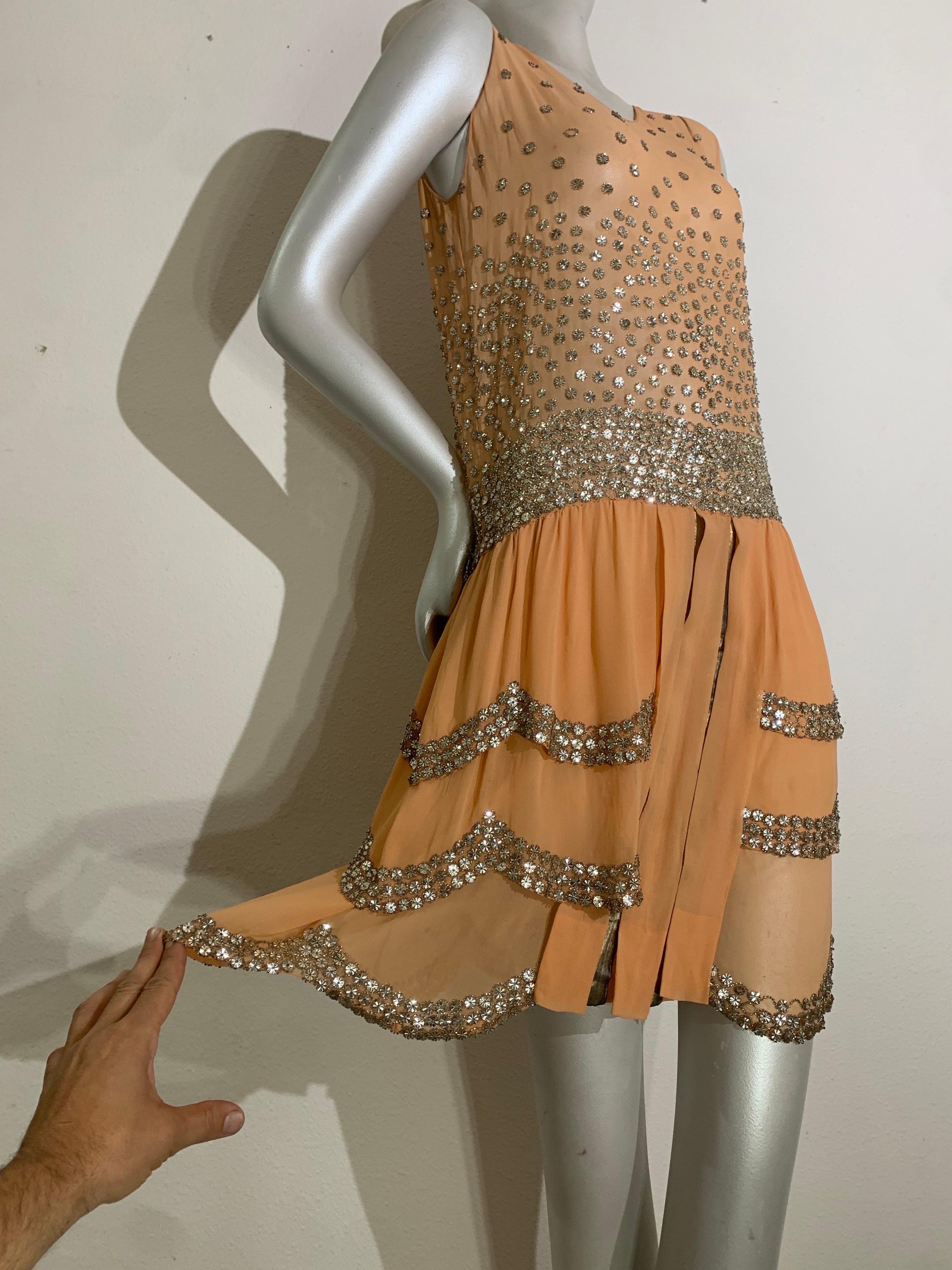Women's Spectacular 1920s Apricot Silk Chiffon Evening Dress w/ Mirror Beaded Trim For Sale
