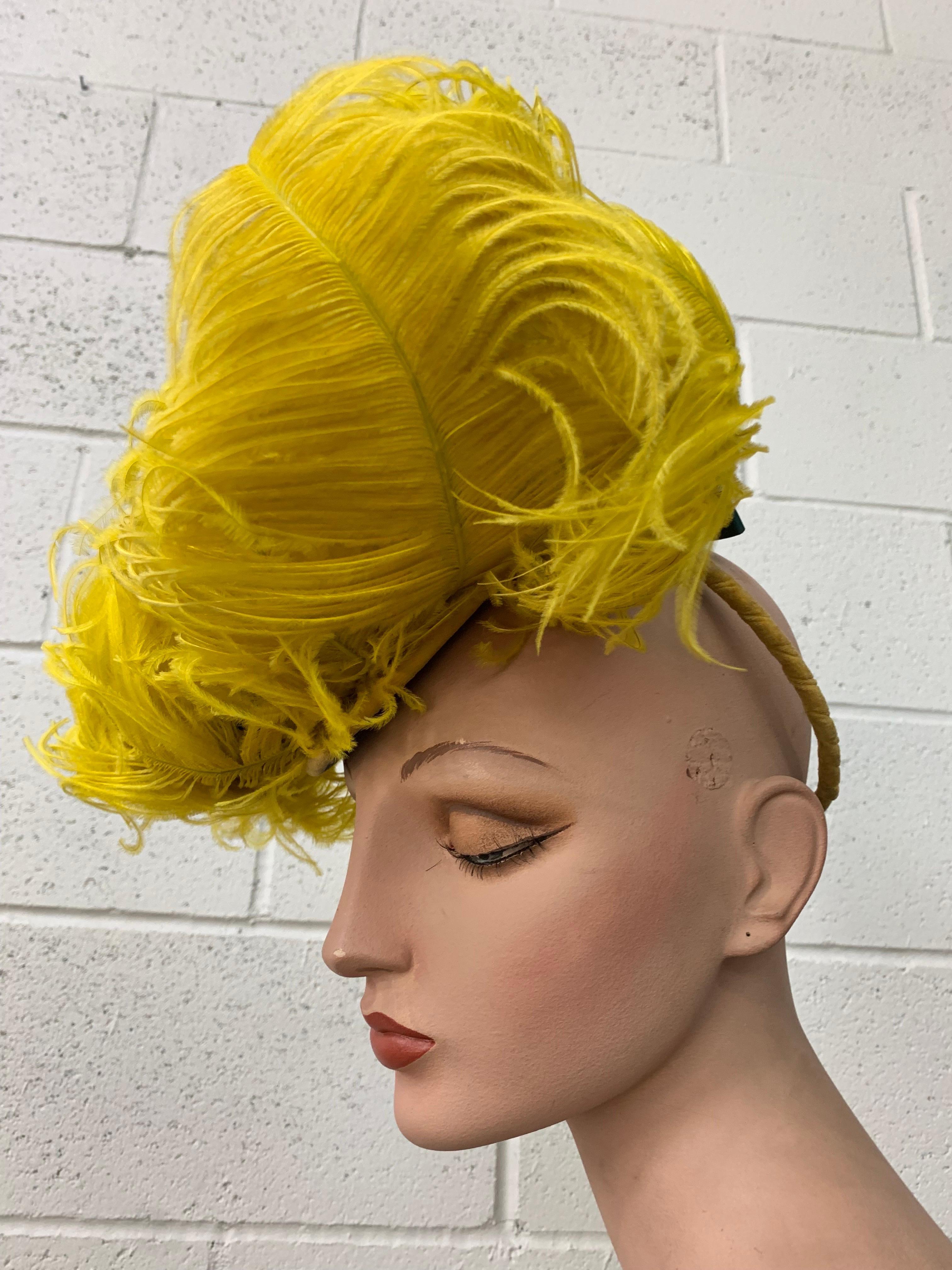 Spectacular 1940s Chartreause Ostrich Feather Perching Doll Hat Fascinator:  High 40s style is yours in this extravagantly unusual custom made hat!  No makers label but this bold color statement is an instantly iconic look! A cloud of ostrich