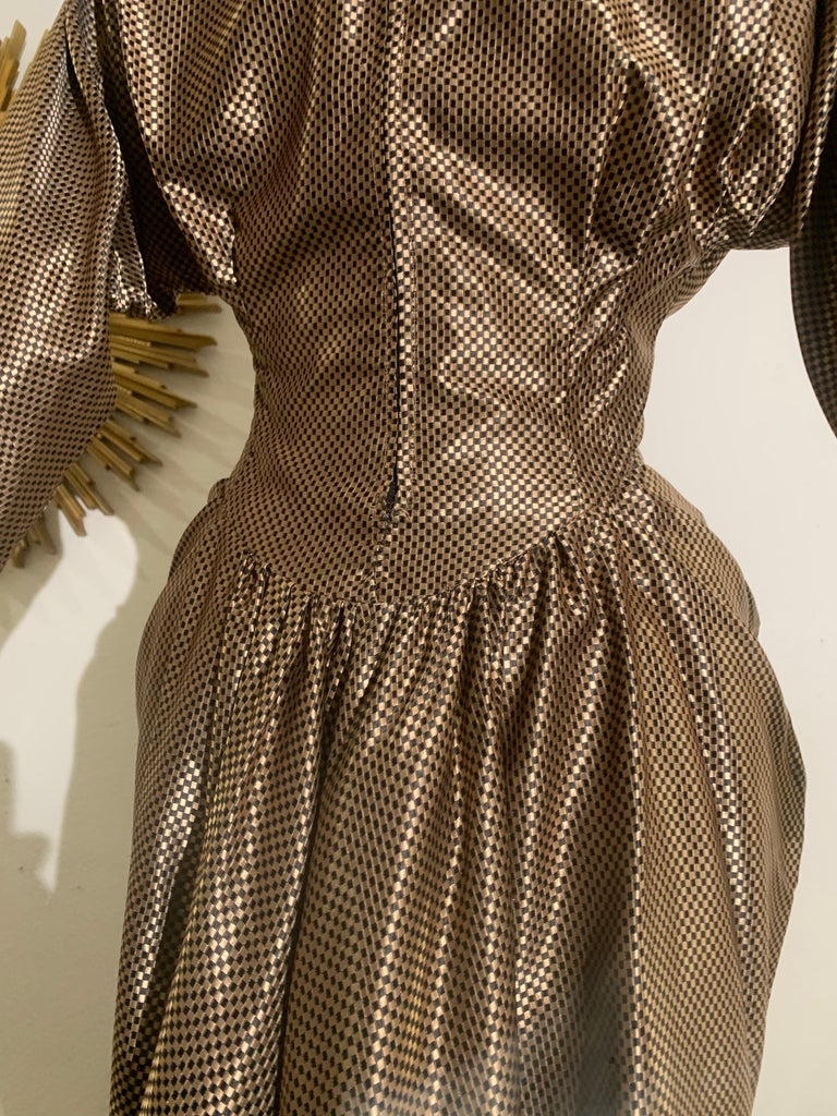 Spectacular 1940s Film Noir Gold/Black Checked Sateen Cocktail Dress w Hip  Drape at 1stDibs